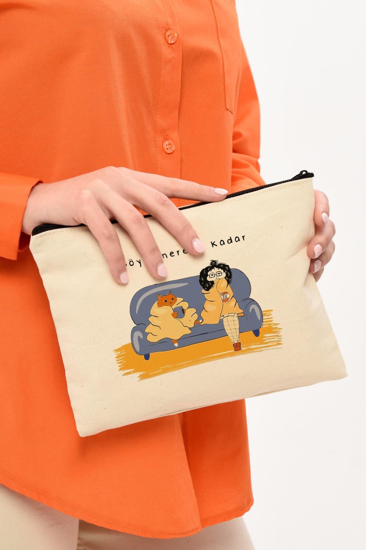 Clutch Nereye Kadar Baskılı Kanvas Makyaj Çantası