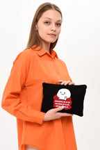 Clutch Olabilir Baskılı SİYAH Kanvas Makyaj Çantası