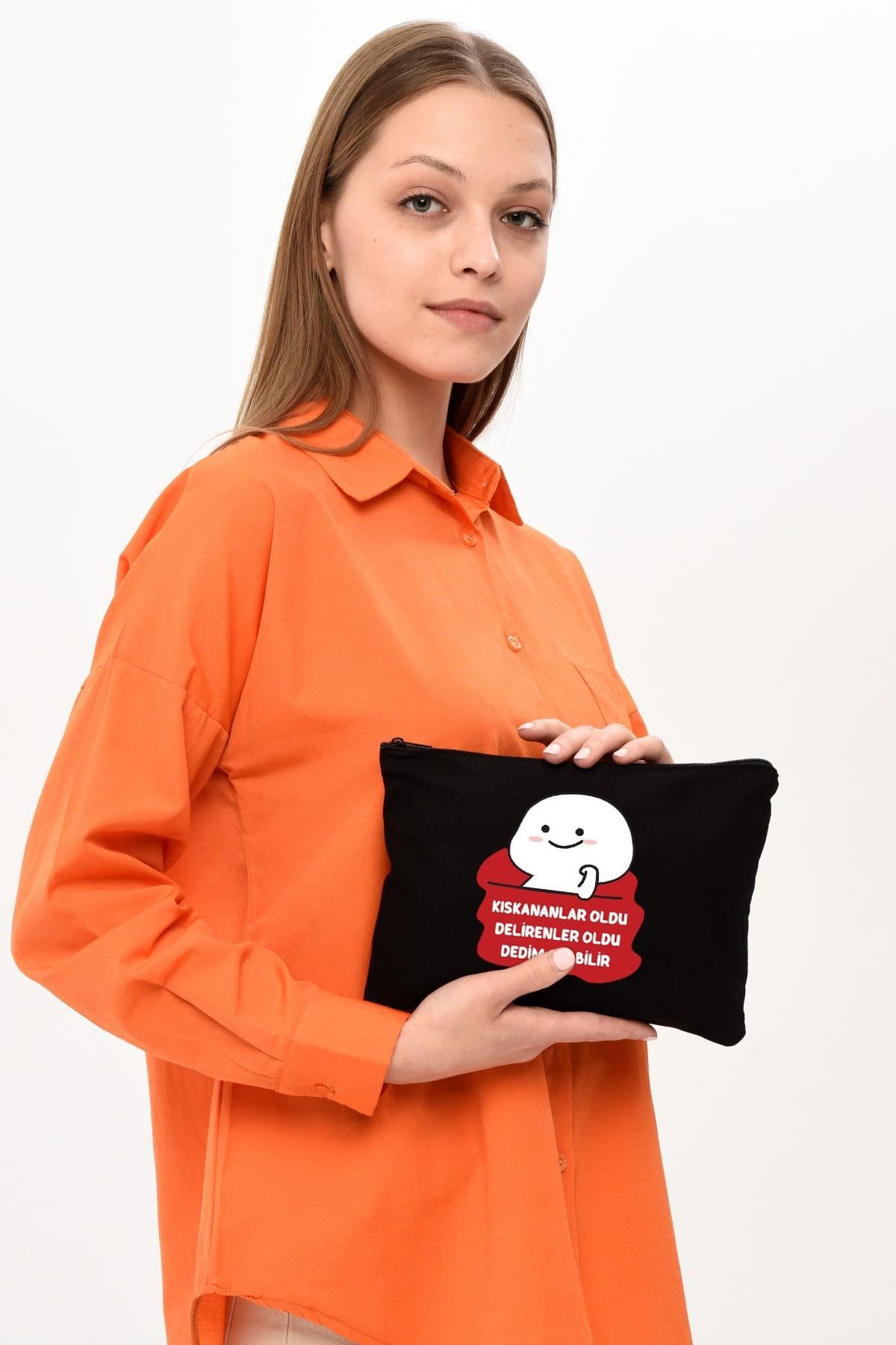 Clutch Olabilir Baskılı SİYAH Kanvas Makyaj Çantası