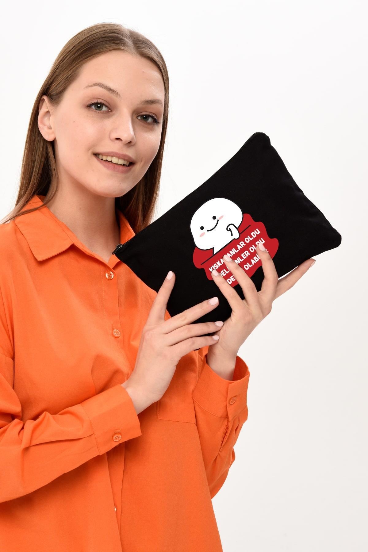 Clutch Olabilir Baskılı SİYAH Kanvas Makyaj Çantası