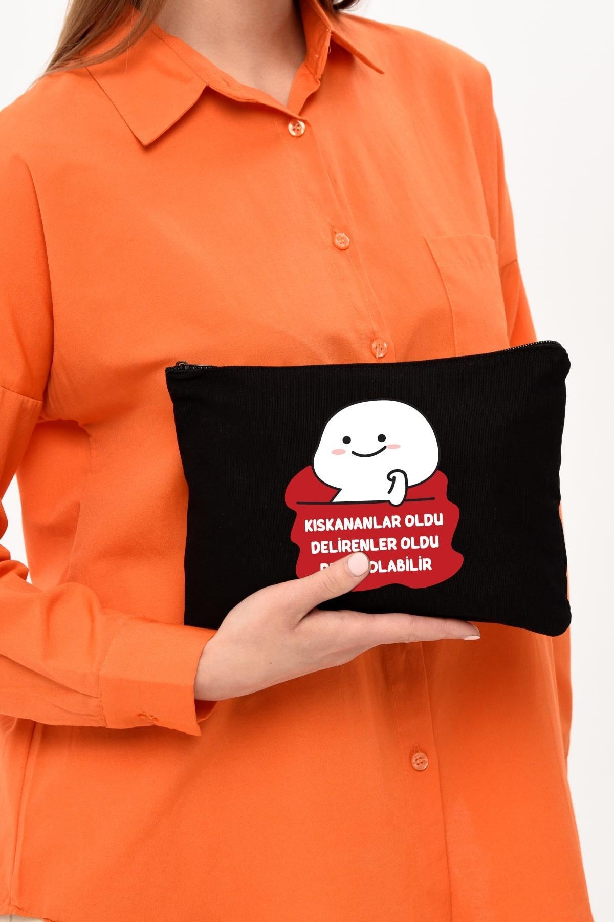 Clutch Olabilir Baskılı SİYAH Kanvas Makyaj Çantası