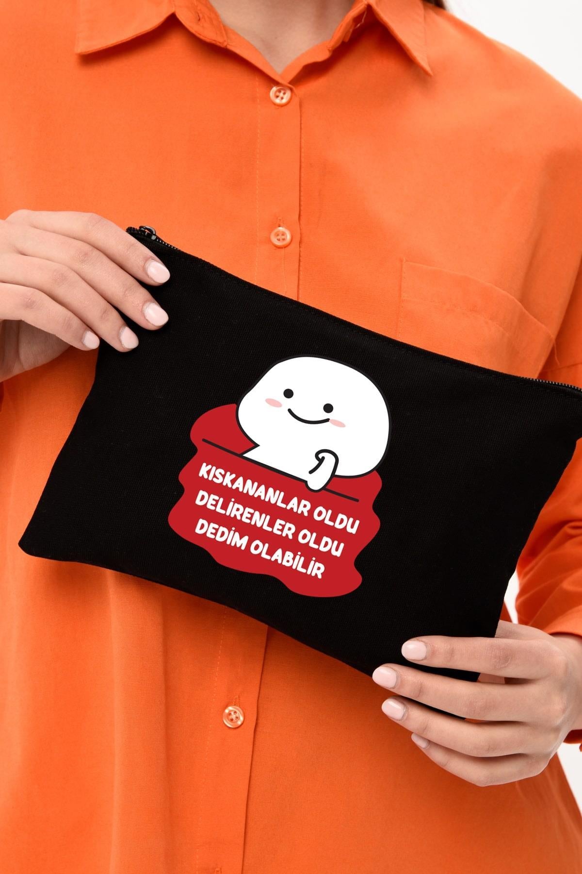 Clutch Olabilir Baskılı SİYAH Kanvas Makyaj Çantası