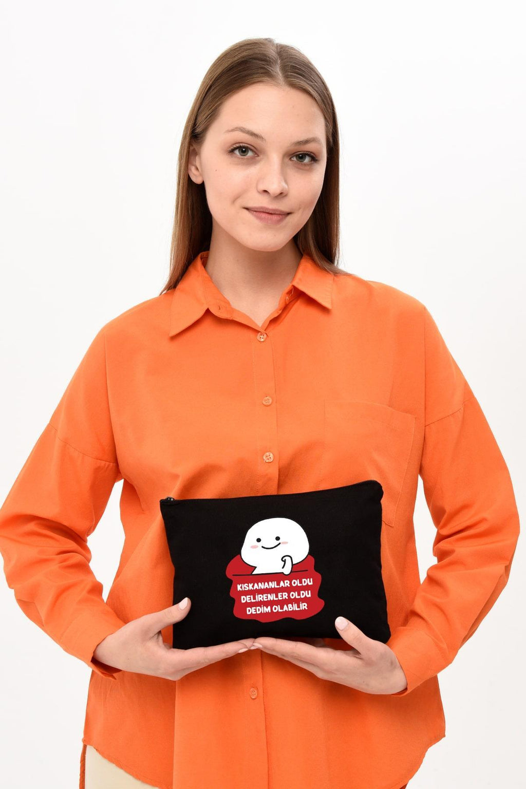 Clutch Olabilir Baskılı SİYAH Kanvas Makyaj Çantası