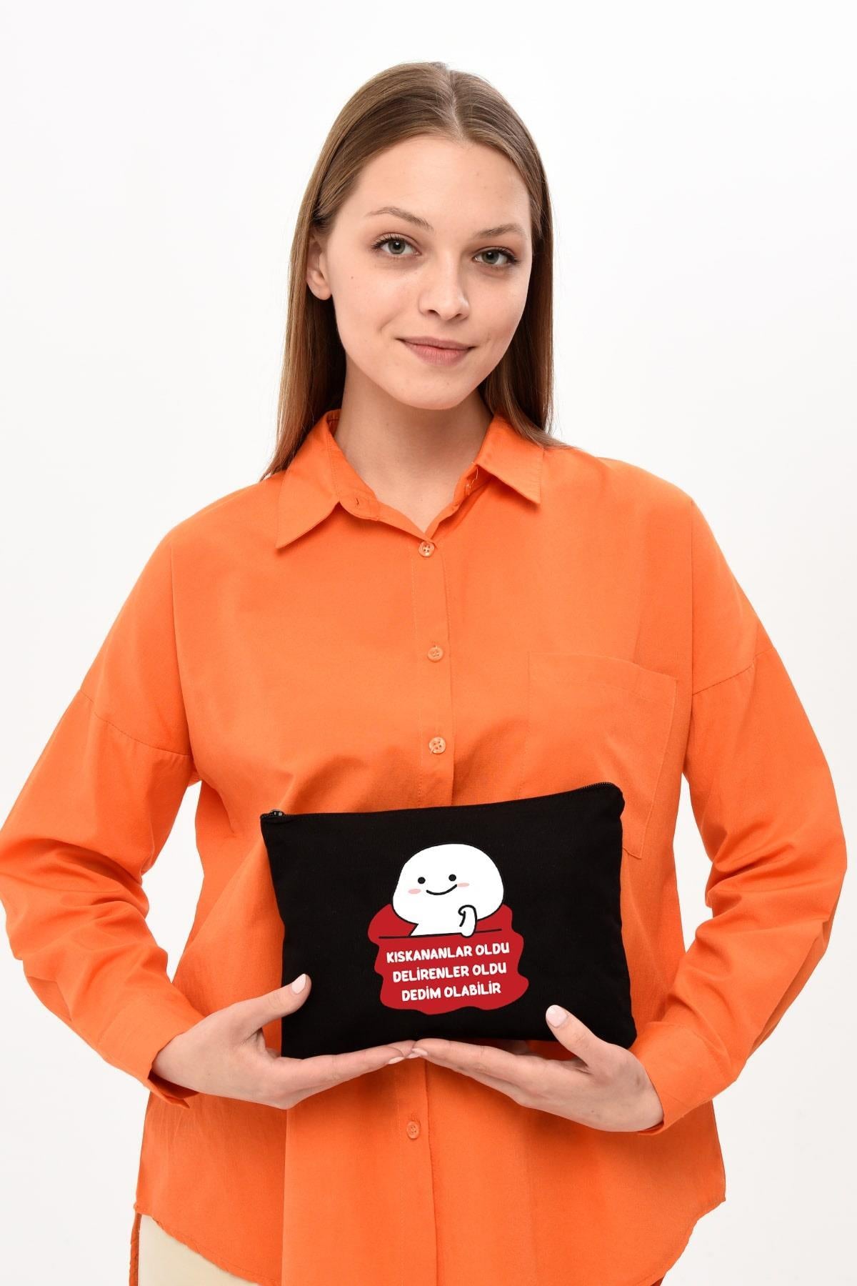 Clutch Olabilir Baskılı SİYAH Kanvas Makyaj Çantası