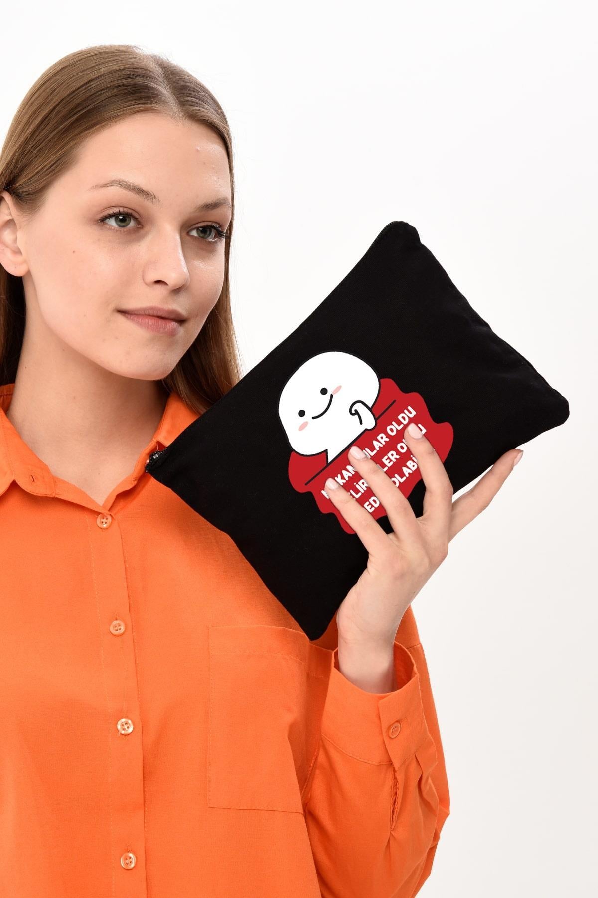Clutch Olabilir Baskılı SİYAH Kanvas Makyaj Çantası