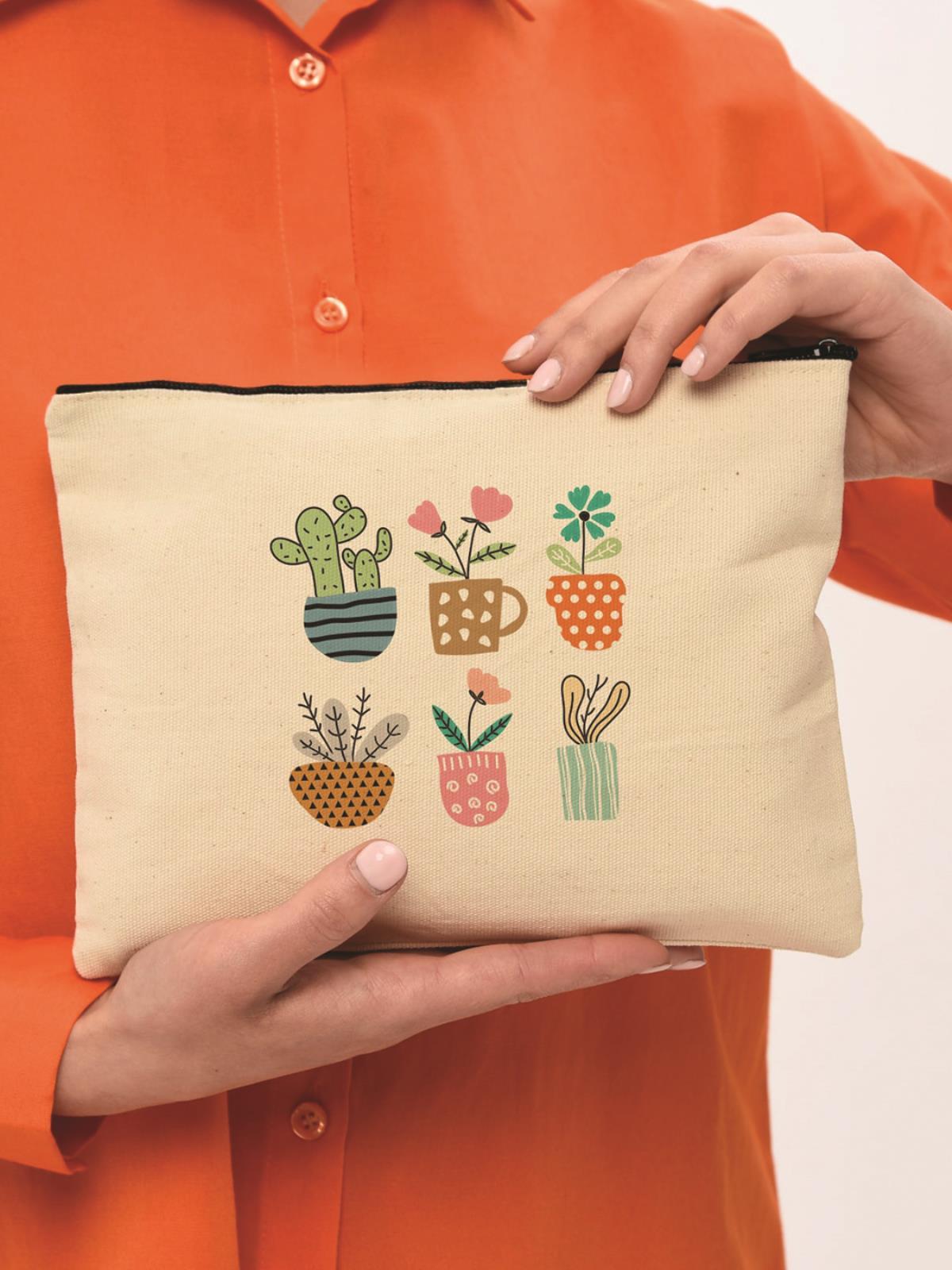 Clutch Renkli Çiçekler Kanvas Makyaj Çantası
