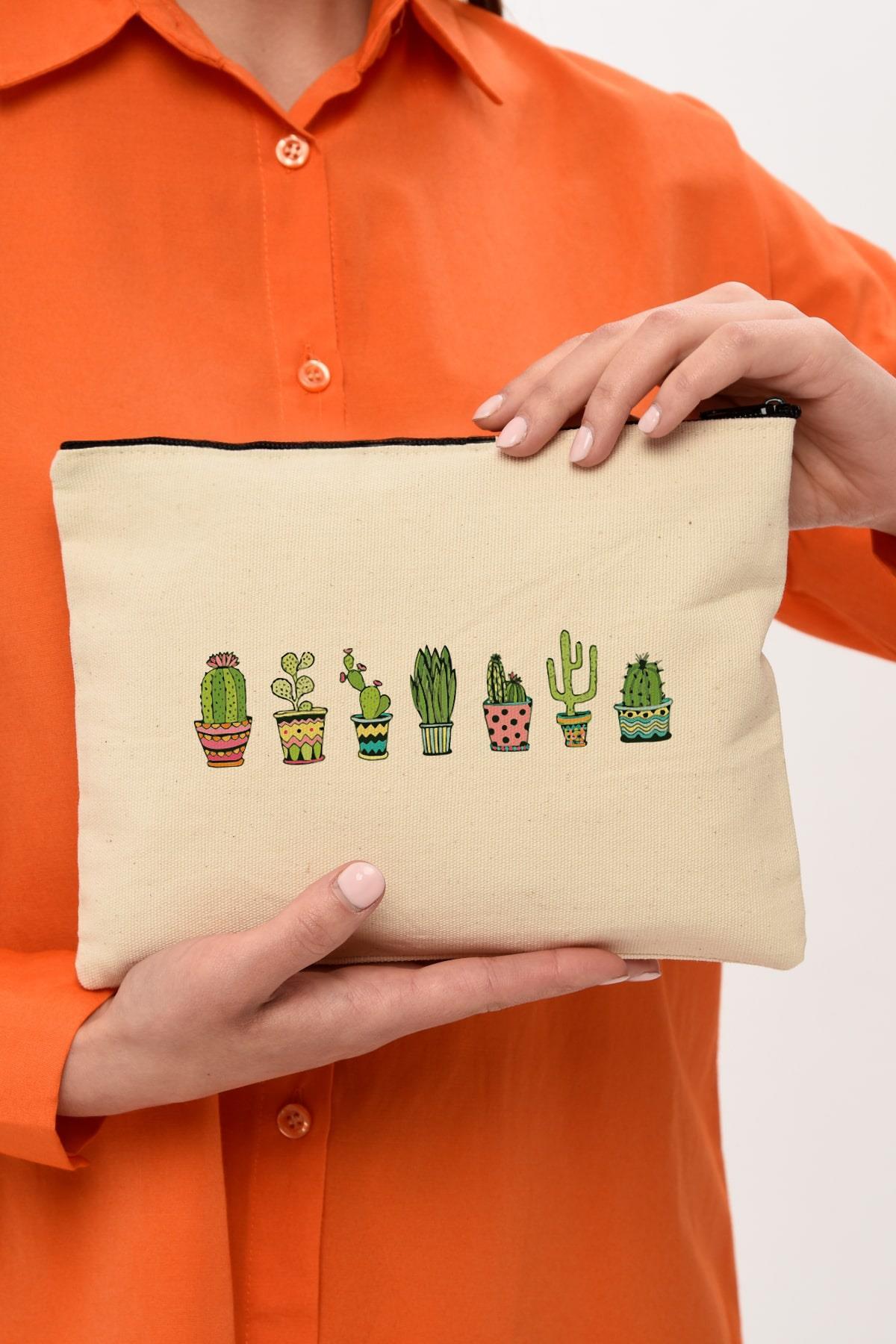 Clutch Renkli Kaktüsler Kanvas Makyaj Çantası