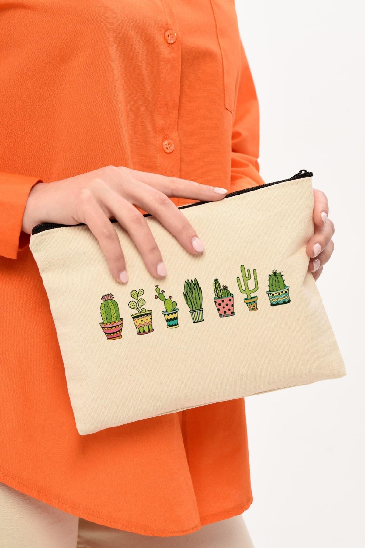 Clutch Renkli Kaktüsler Kanvas Makyaj Çantası