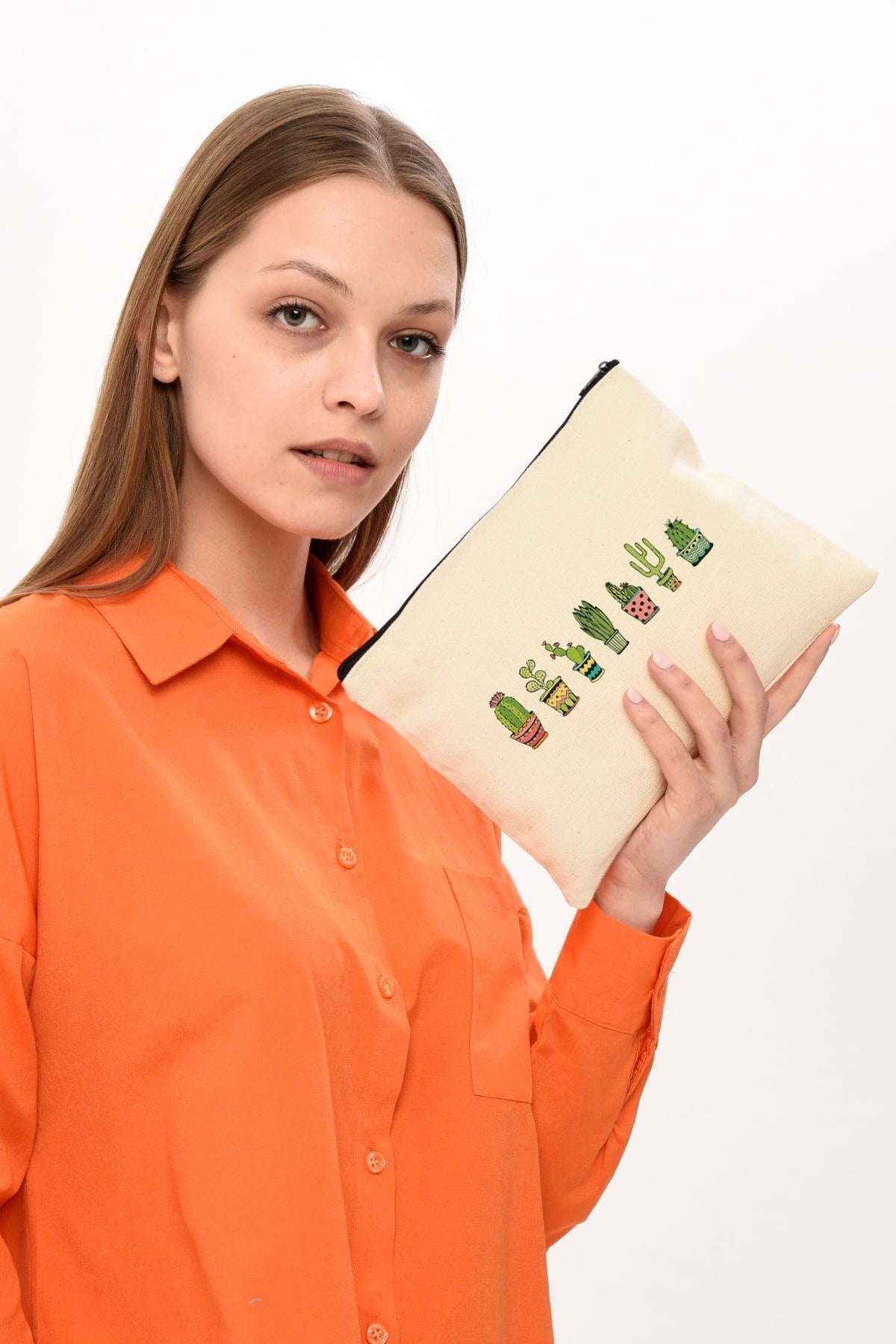 Clutch Renkli Kaktüsler Kanvas Makyaj Çantası