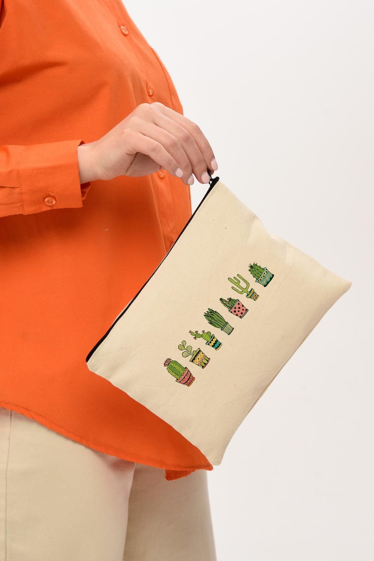 Clutch Renkli Kaktüsler Kanvas Makyaj Çantası