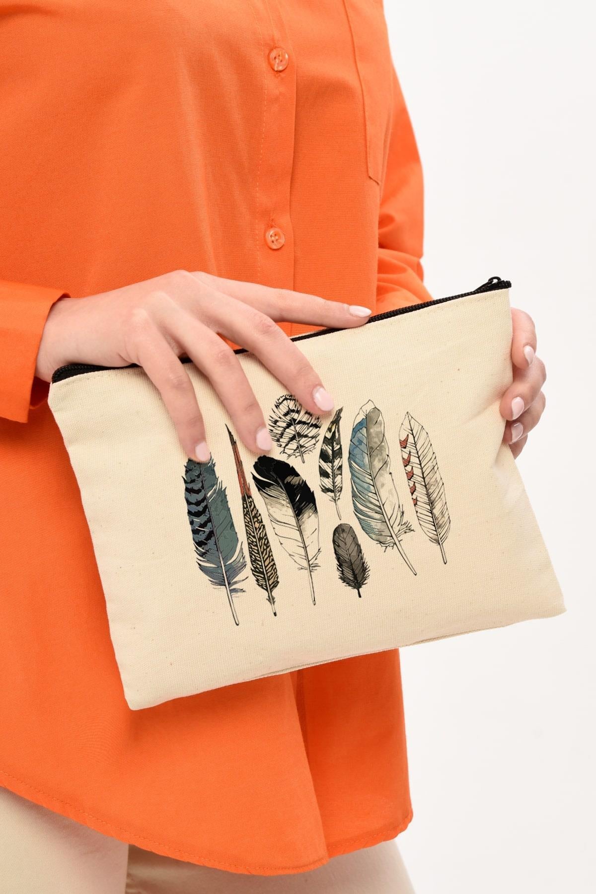 Clutch Renkli Kuş Tüyleri Kanvas Makyaj Çantası