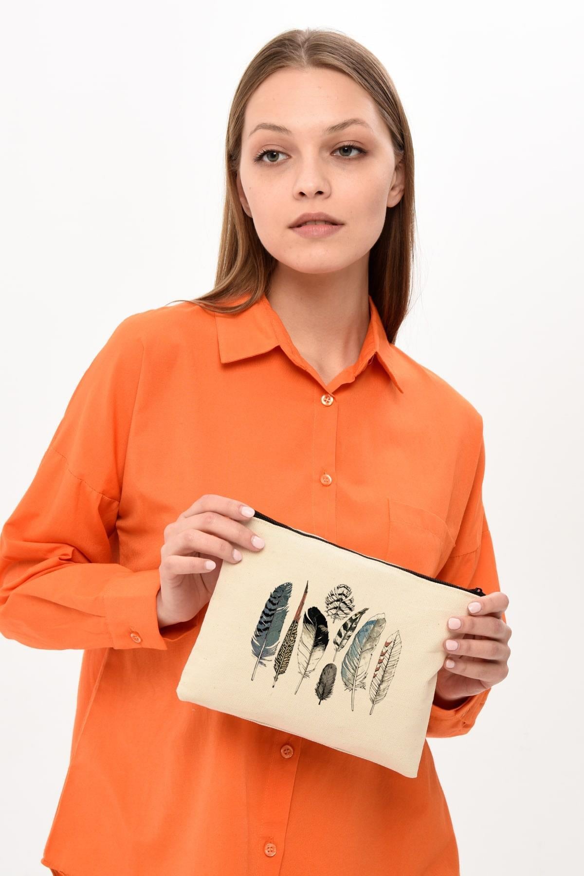 Clutch Renkli Kuş Tüyleri Kanvas Makyaj Çantası
