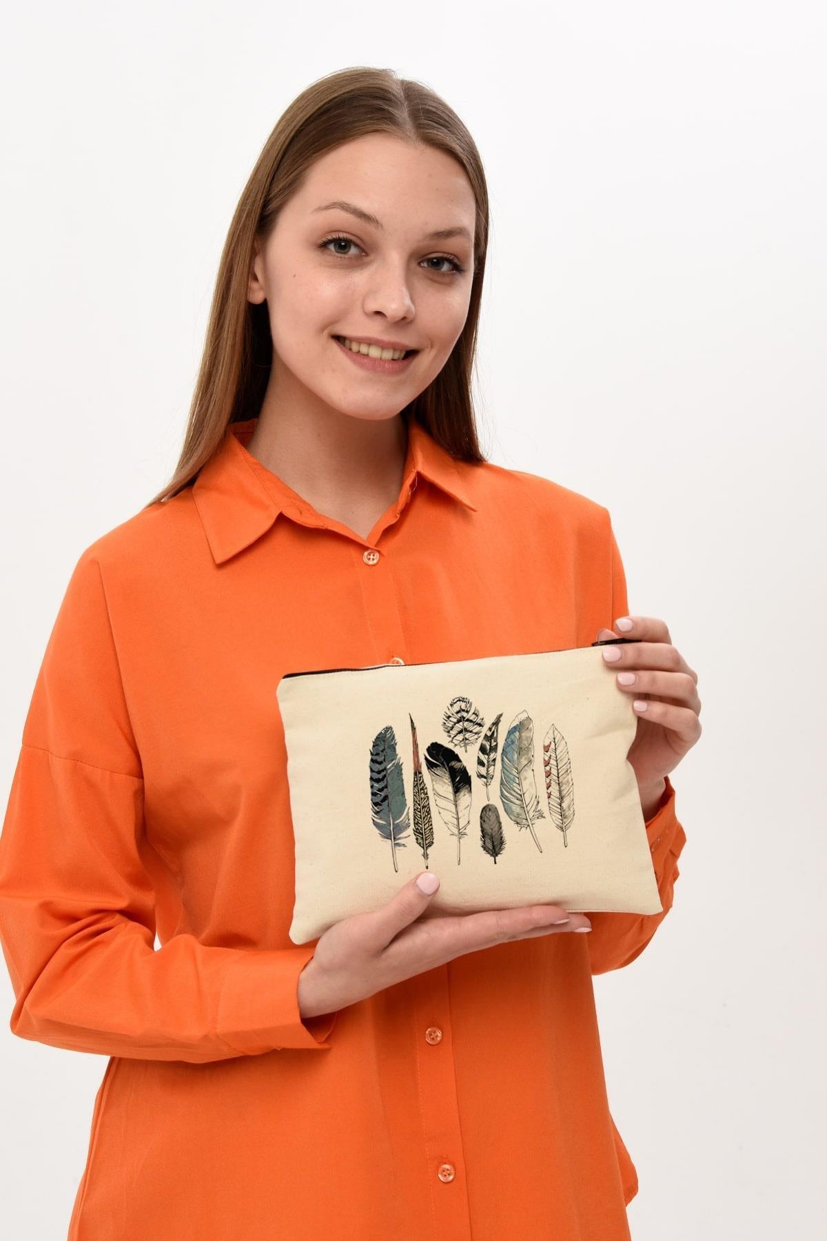 Clutch Renkli Kuş Tüyleri Kanvas Makyaj Çantası