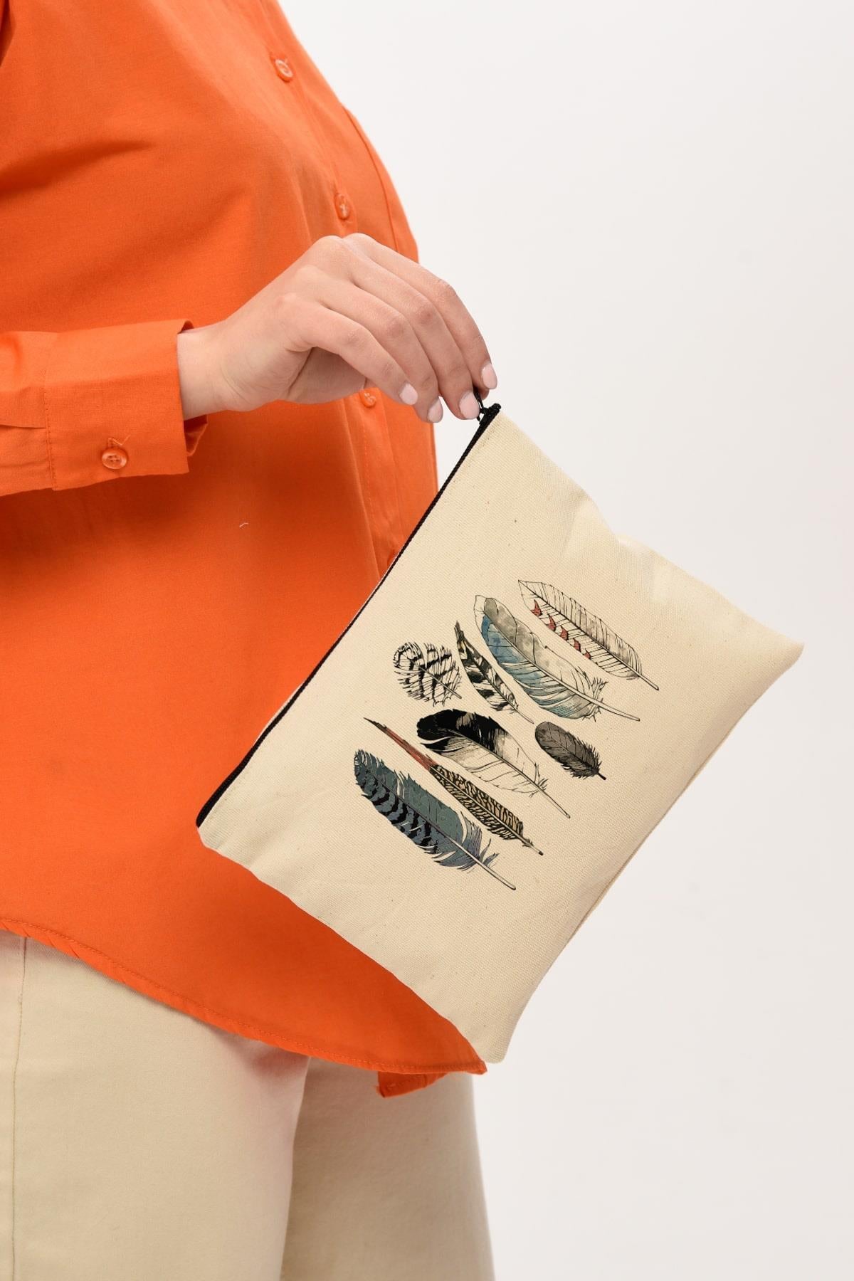 Clutch Renkli Kuş Tüyleri Kanvas Makyaj Çantası