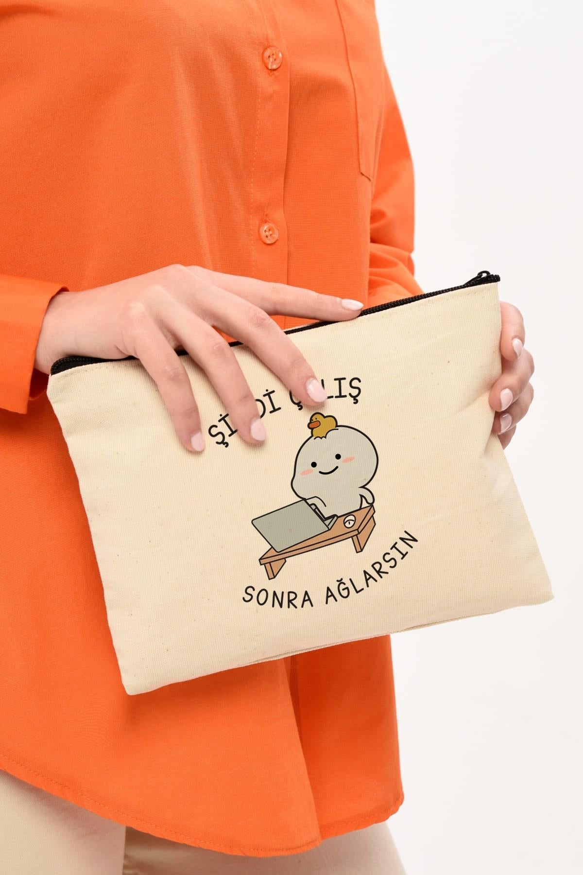 Clutch Sonra Ağlarsın Baskılı Kanvas Makyaj Çantası