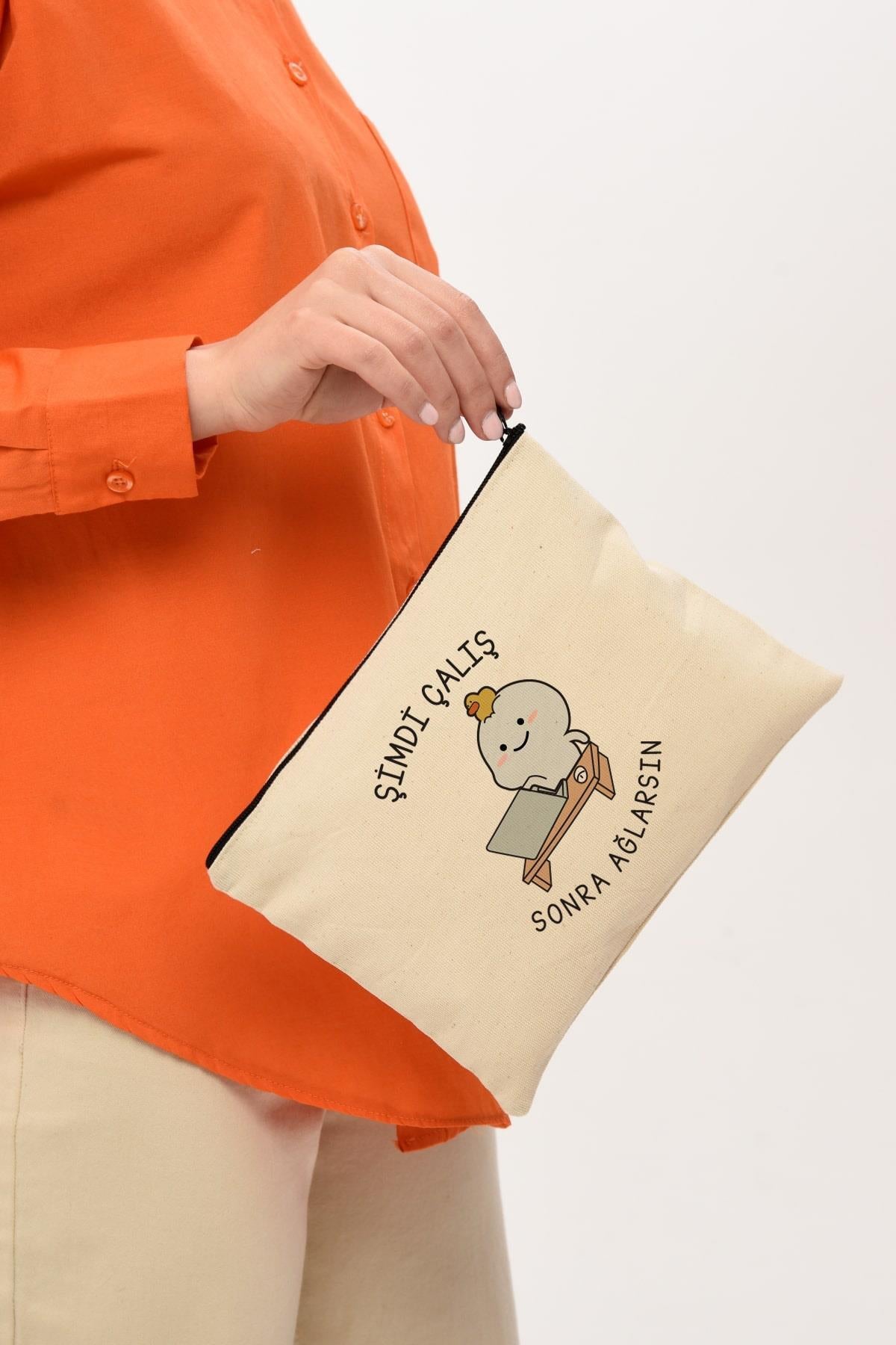 Clutch Sonra Ağlarsın Baskılı Kanvas Makyaj Çantası