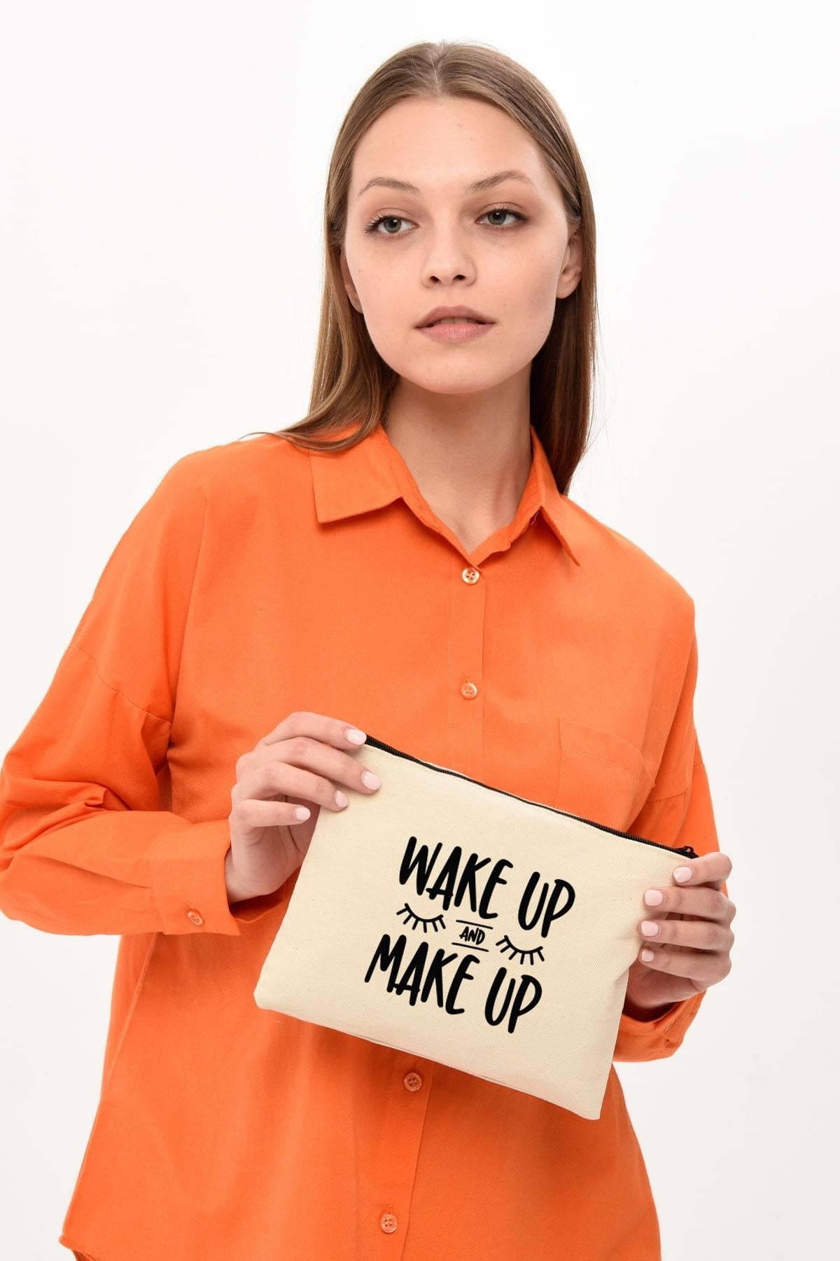 Clutch Wake Up and Make Up Baskılı Makyaj Çantası |  (25X17)