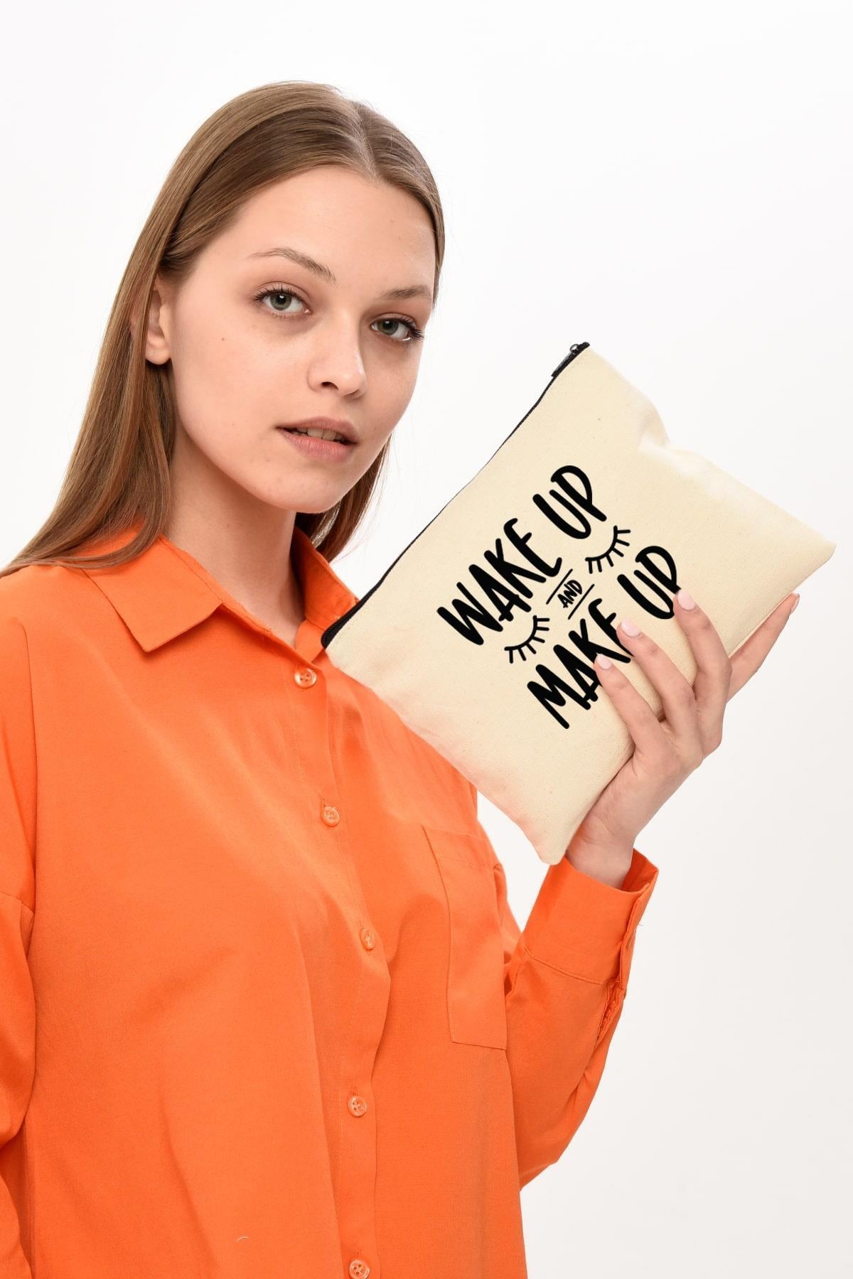 Clutch Wake Up and Make Up Baskılı Makyaj Çantası |  (25X17)