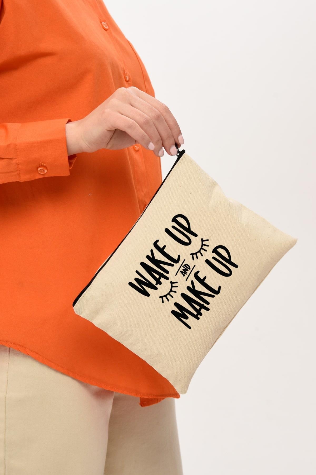 Clutch Wake Up and Make Up Baskılı Makyaj Çantası |  (25X17)