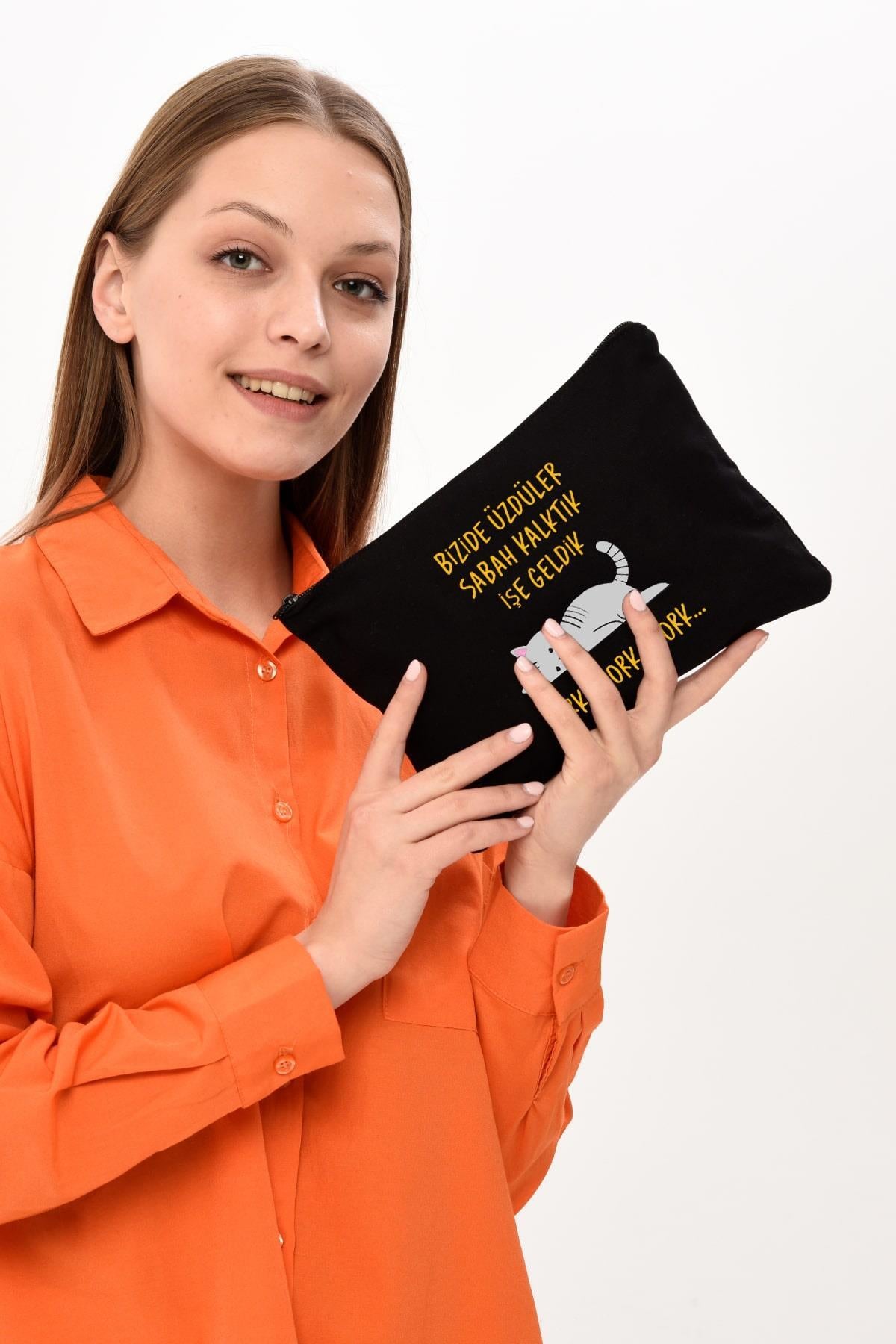 Clutch Work Baskılı SİYAH Kanvas Makyaj Çantası