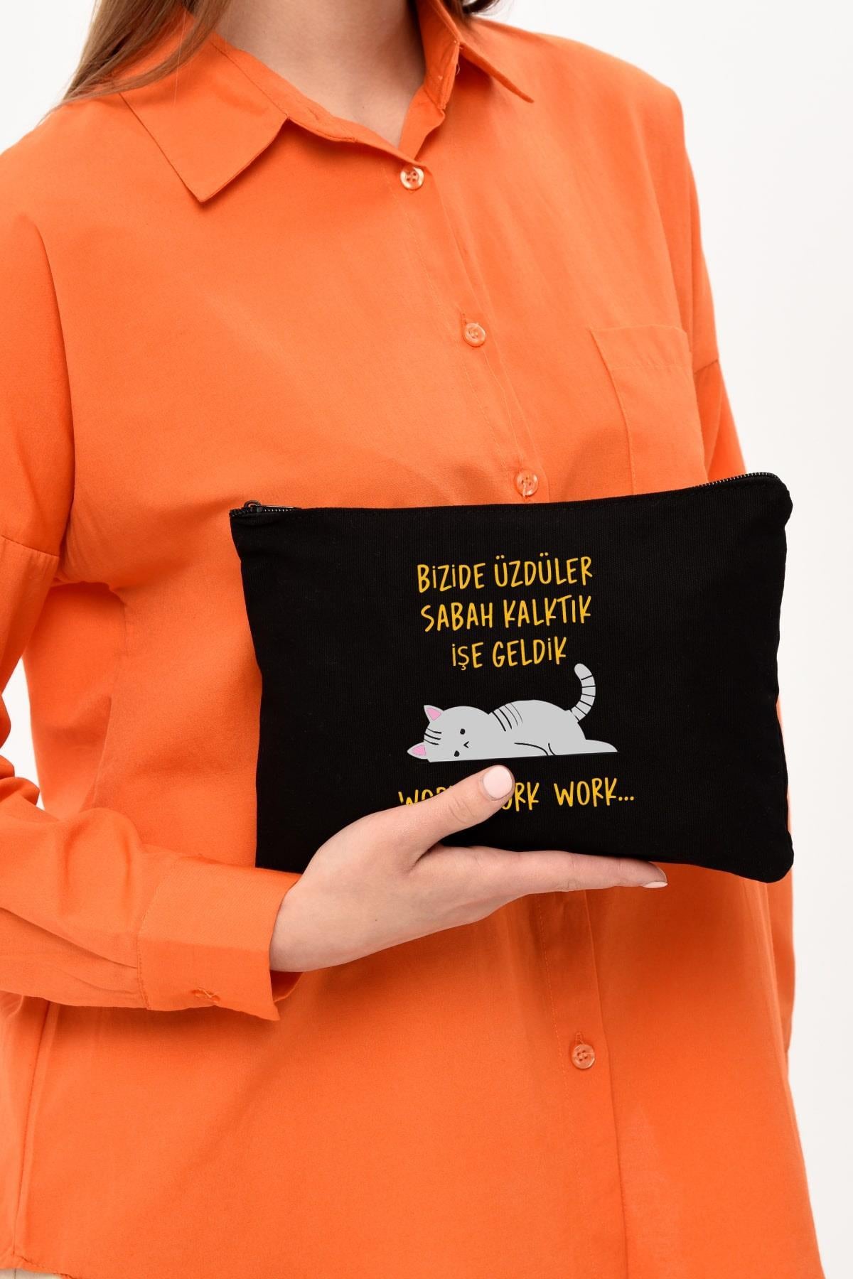 Clutch Work Baskılı SİYAH Kanvas Makyaj Çantası