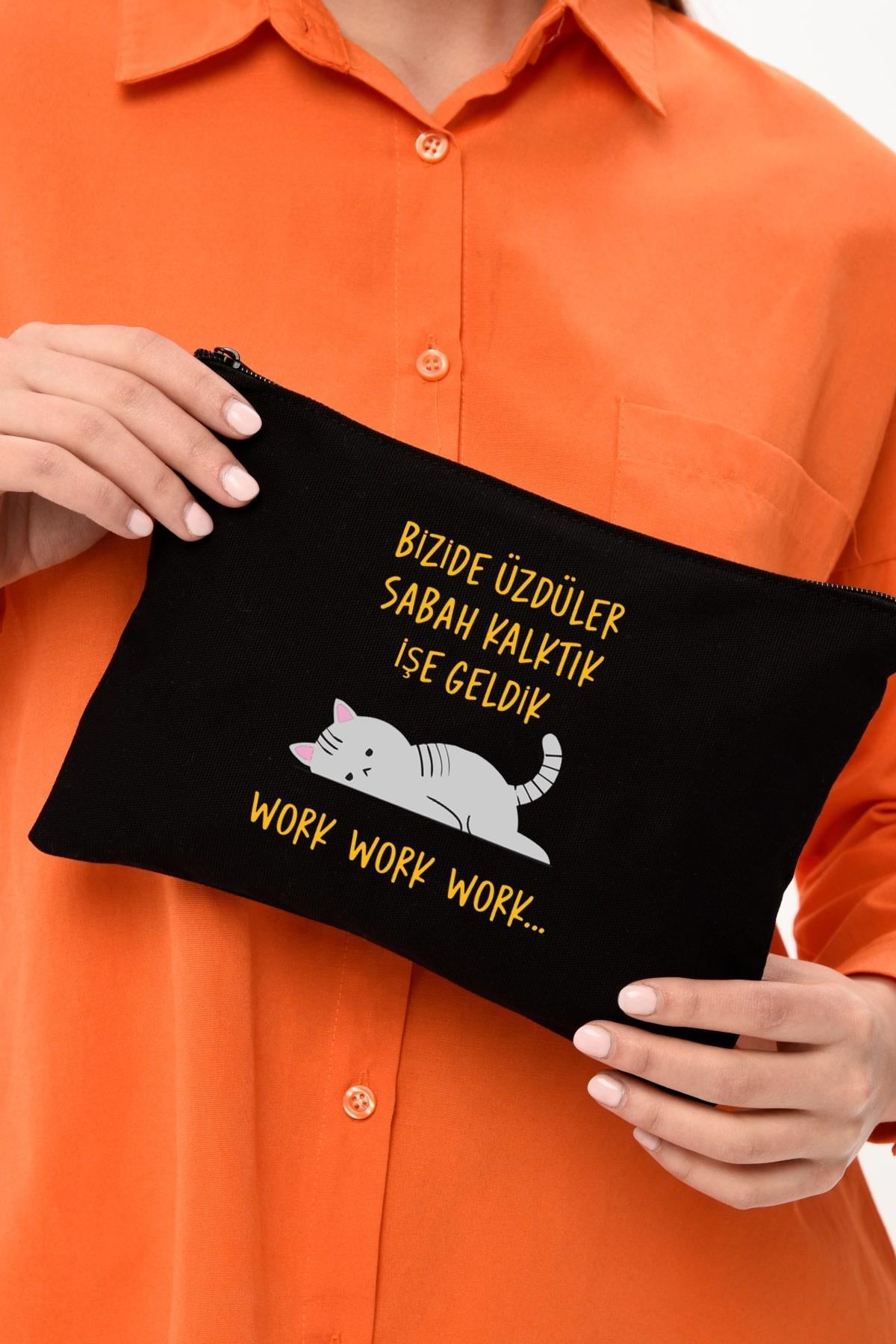 Clutch Work Baskılı SİYAH Kanvas Makyaj Çantası