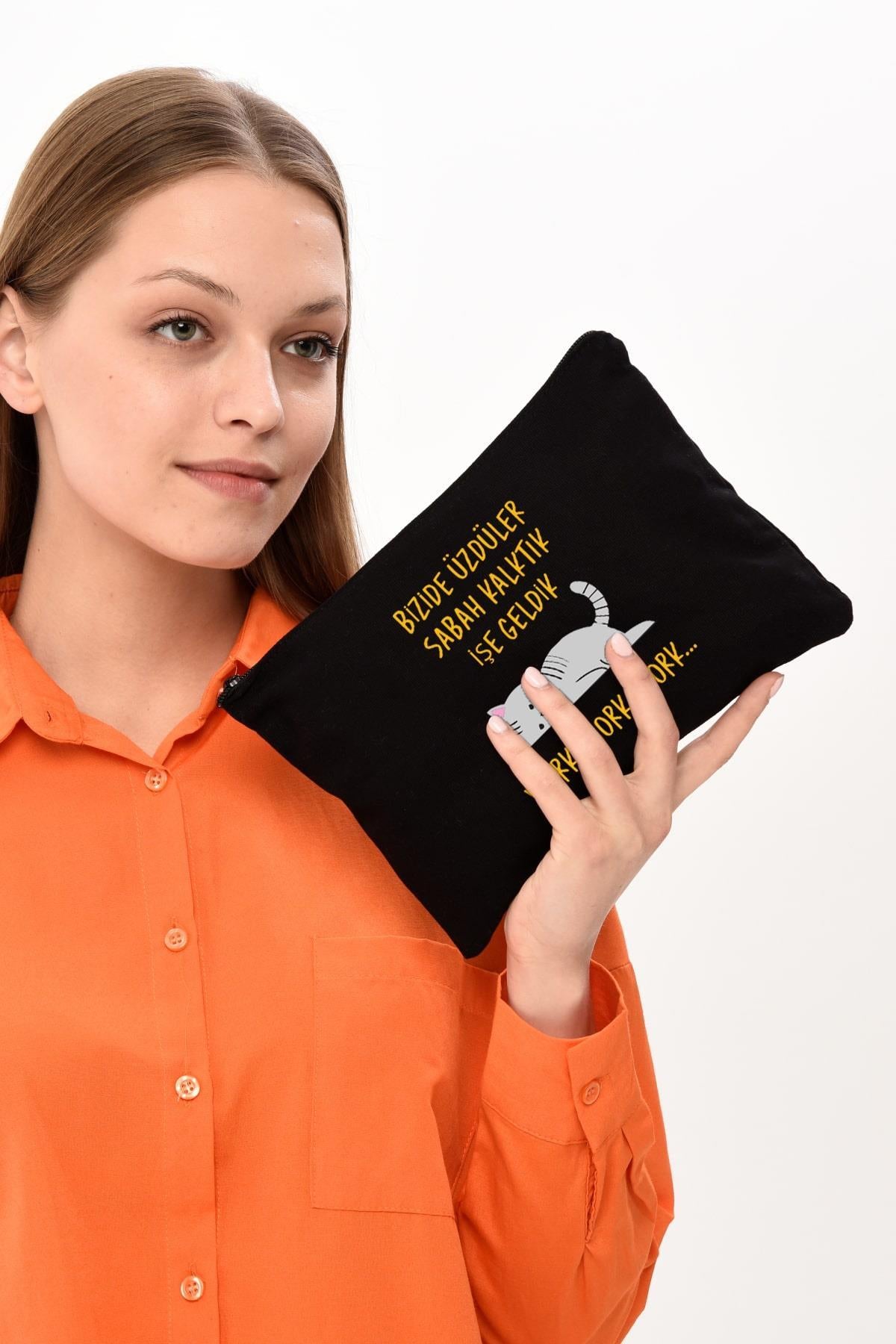 Clutch Work Baskılı SİYAH Kanvas Makyaj Çantası