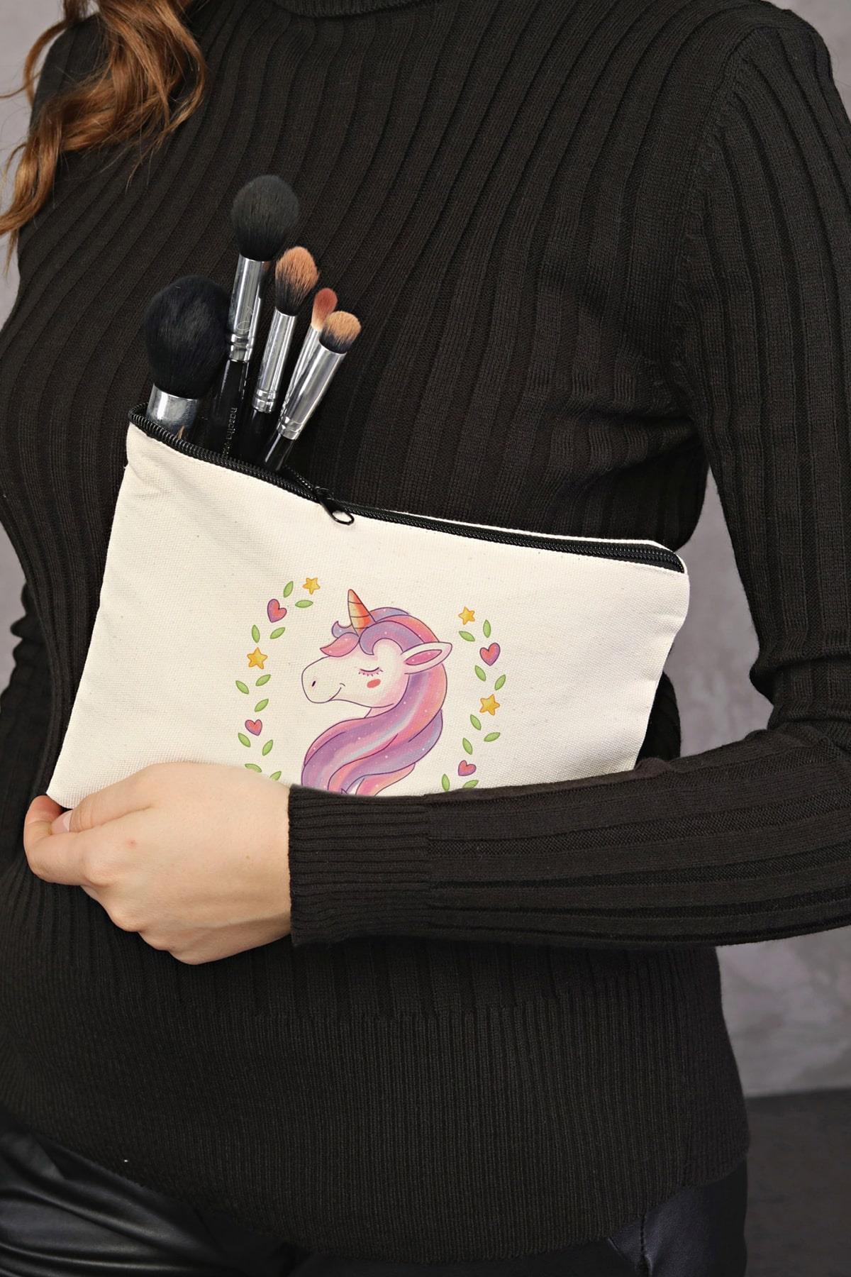 Clutch Yıldızlı Kalpli Unicorn Kanvas Makyaj Çantası