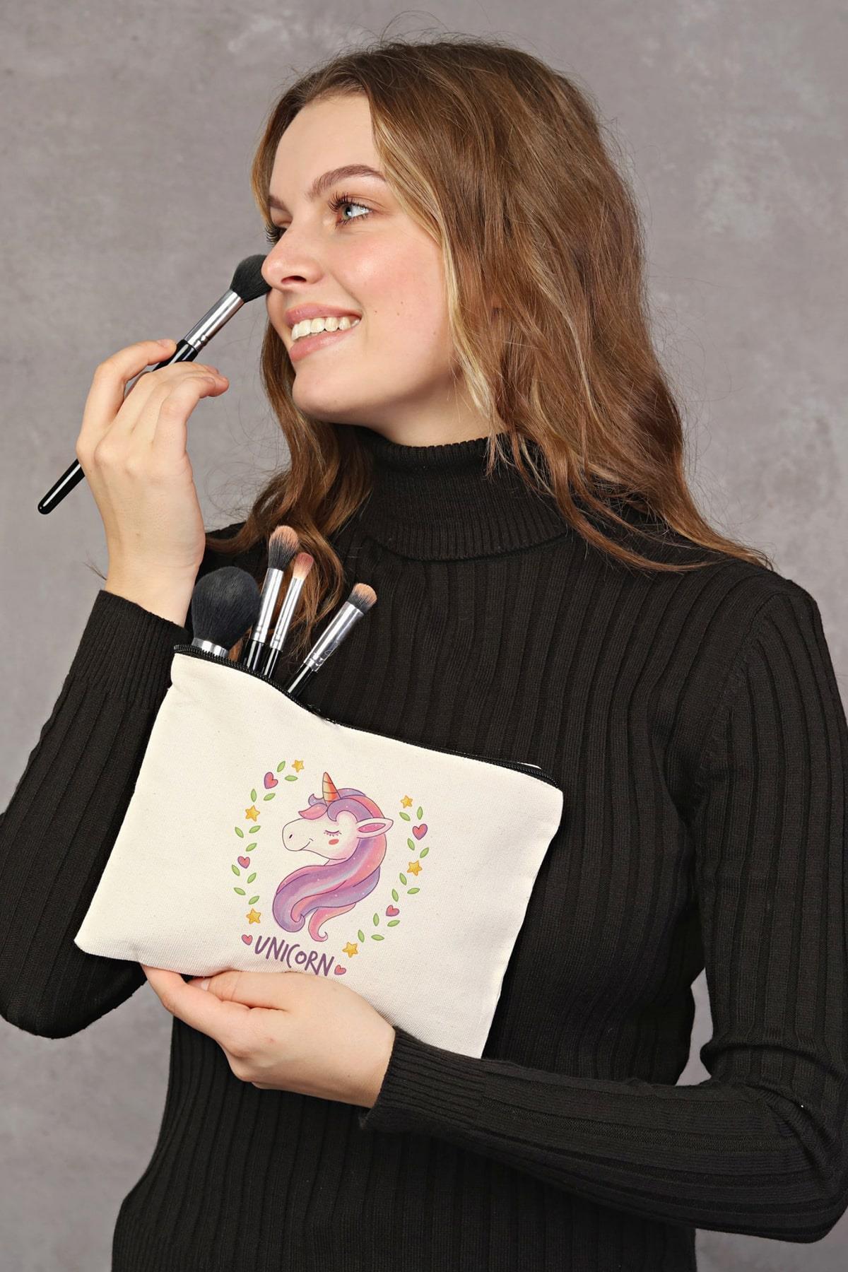 Clutch Yıldızlı Kalpli Unicorn Kanvas Makyaj Çantası