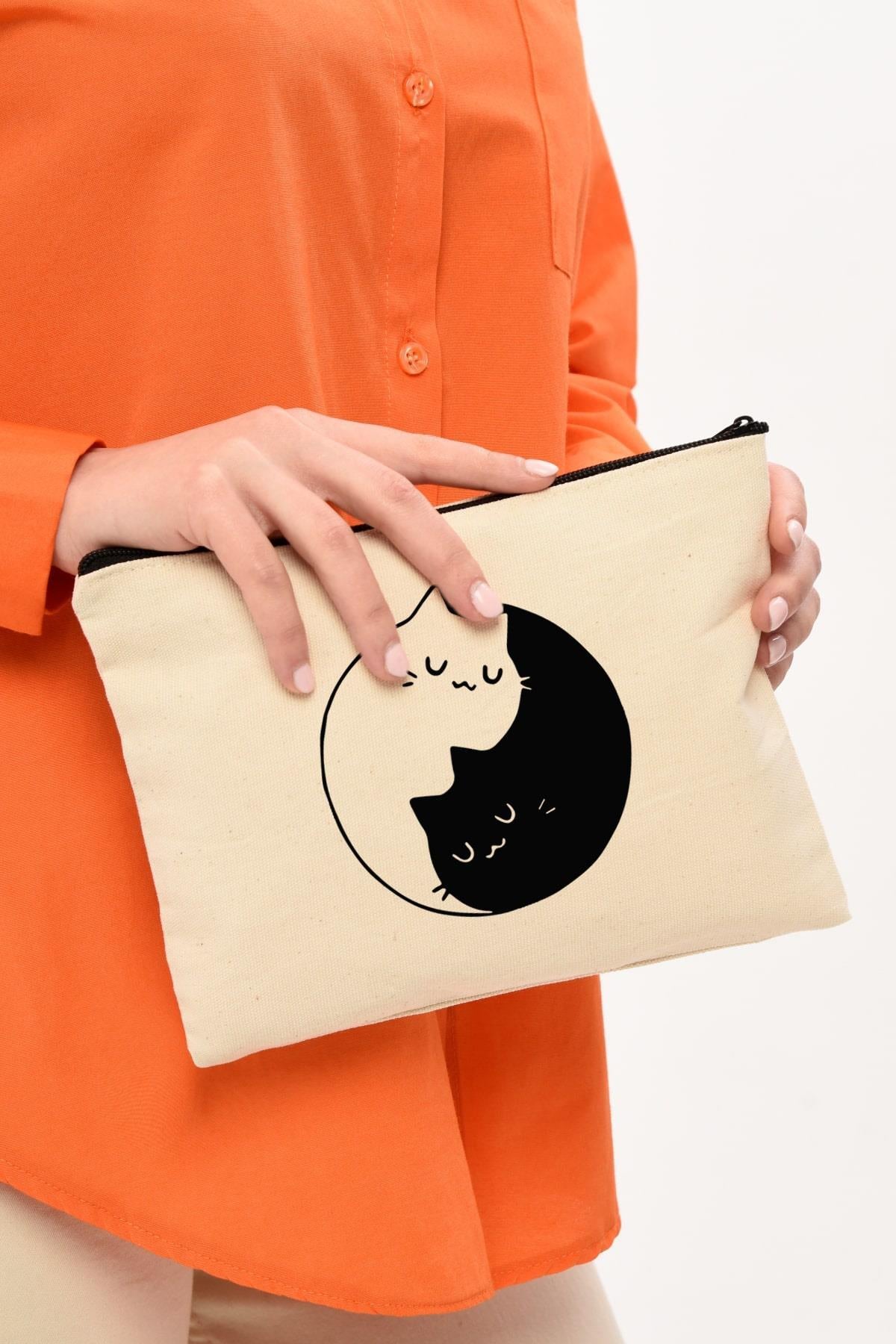 Clutch Ying Yang Cat Baskılı Makyaj Çantası |  (25X17)