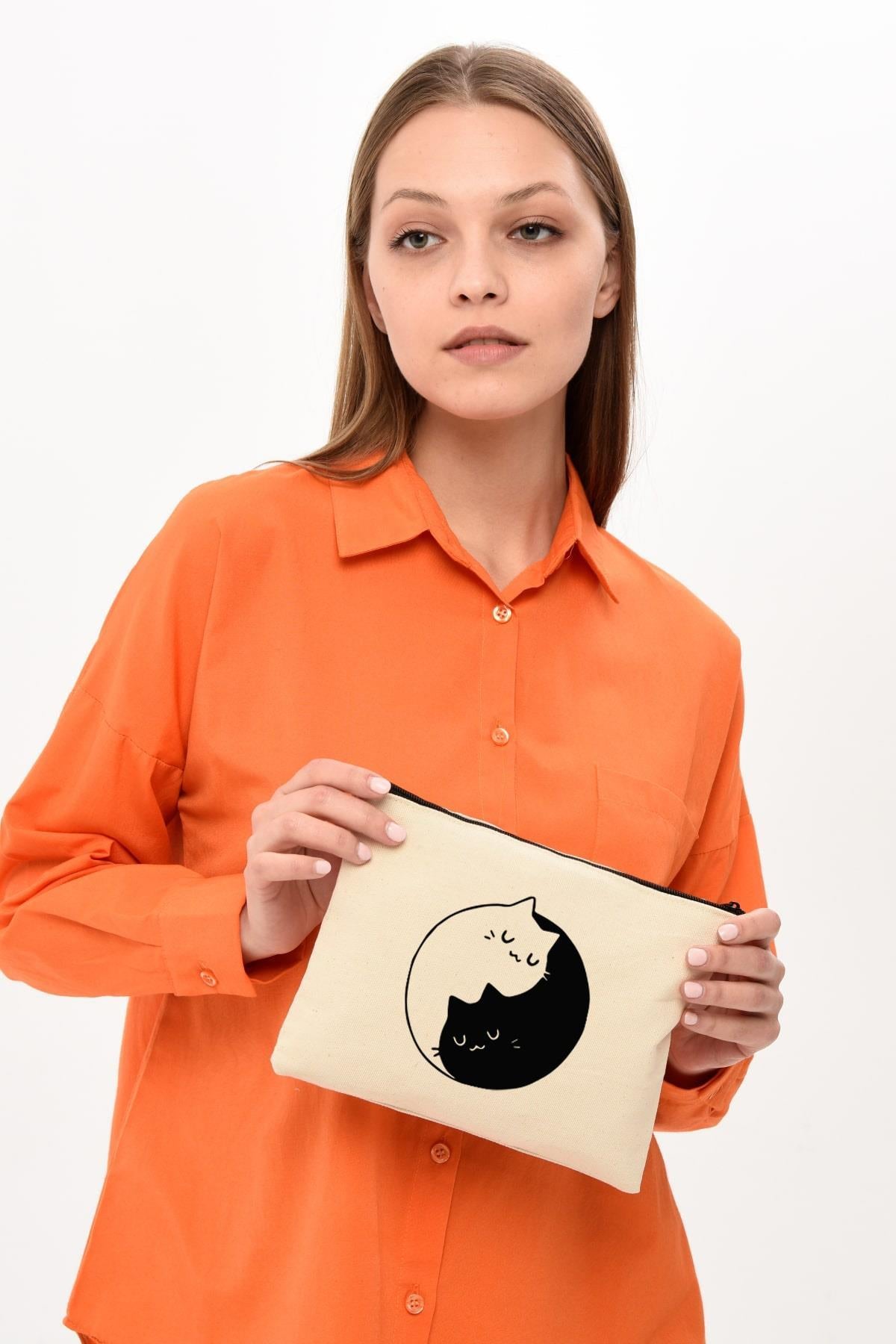 Clutch Ying Yang Cat Baskılı Makyaj Çantası |  (25X17)