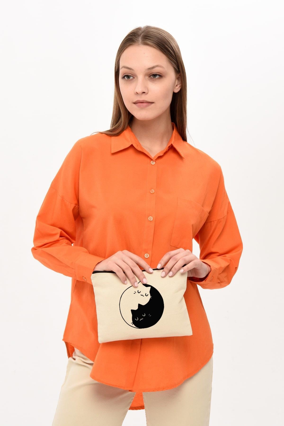Clutch Ying Yang Cat Baskılı Makyaj Çantası |  (25X17)