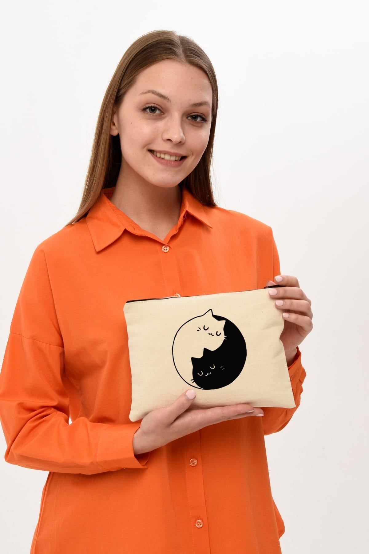 Clutch Ying Yang Cat Baskılı Makyaj Çantası |  (25X17)