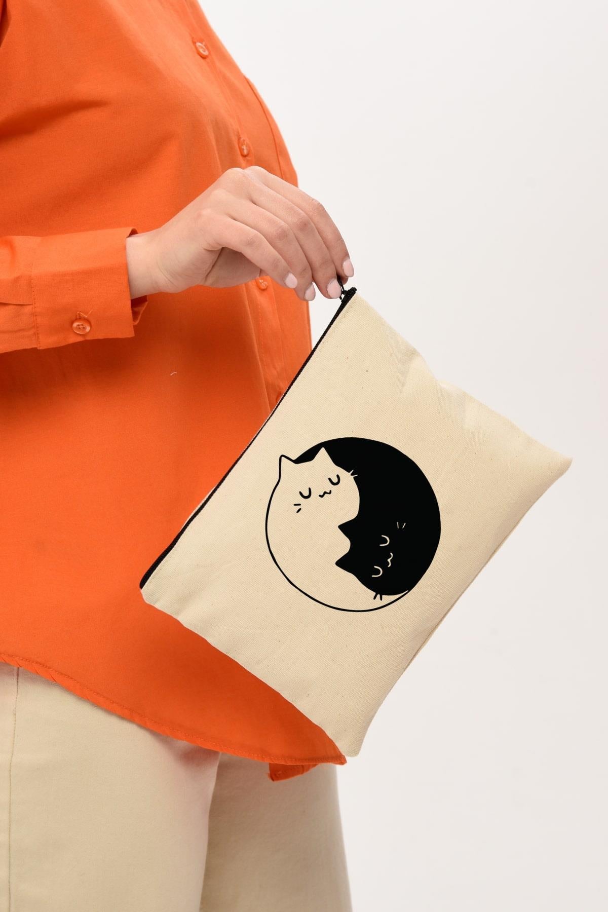 Clutch Ying Yang Cat Baskılı Makyaj Çantası |  (25X17)