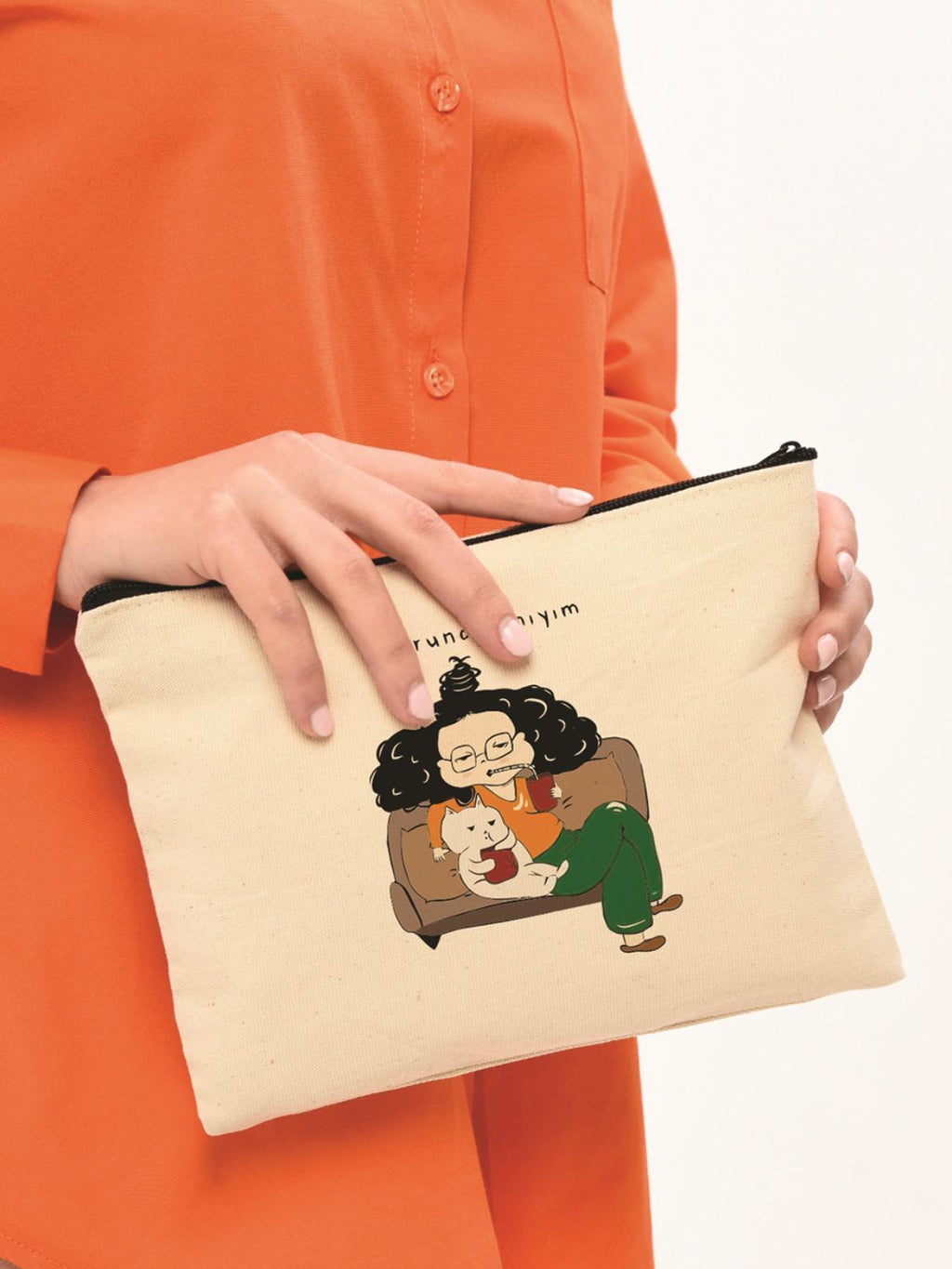 Clutch Zorunda mıyım Baskılı Kanvas Makyaj Çantası