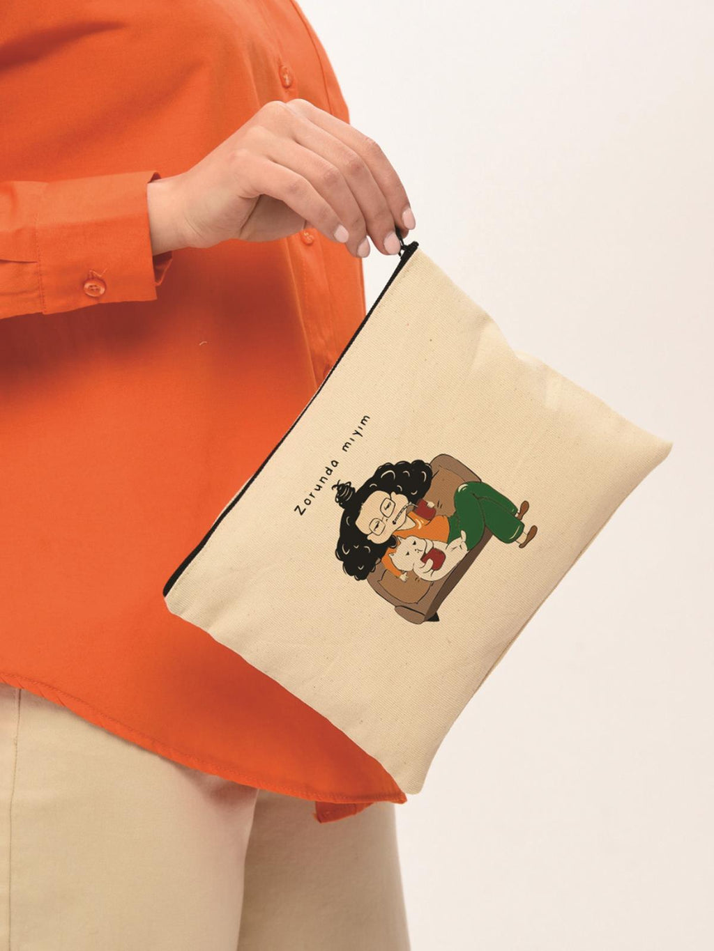 Clutch Zorunda mıyım Baskılı Kanvas Makyaj Çantası