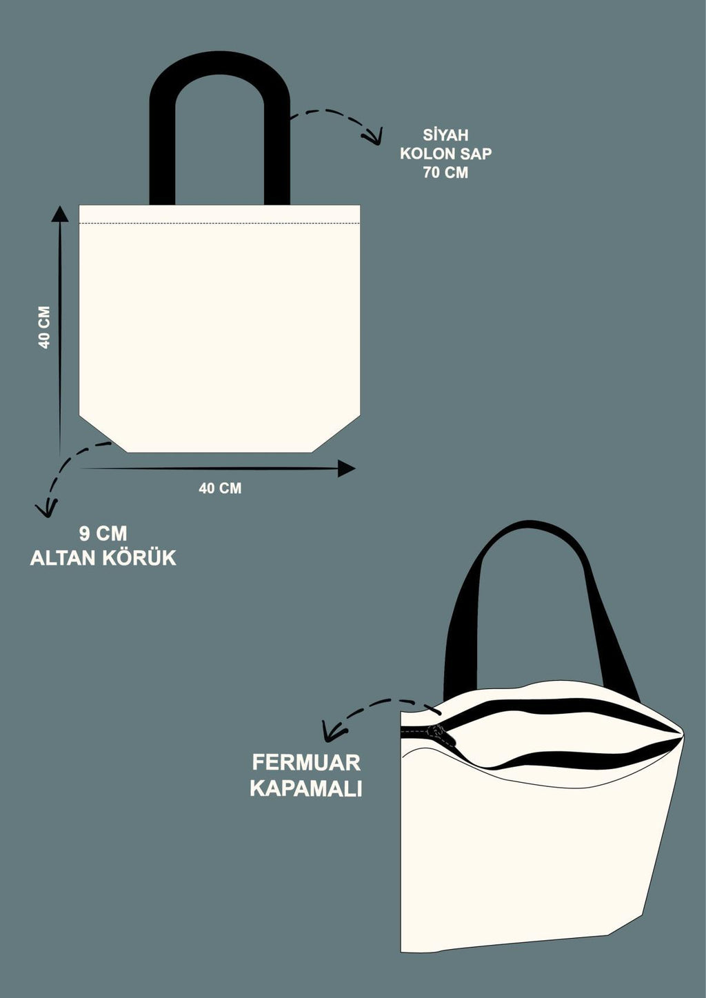 Fermuarlı Siyah Kolon Sap Kanvas Çanta