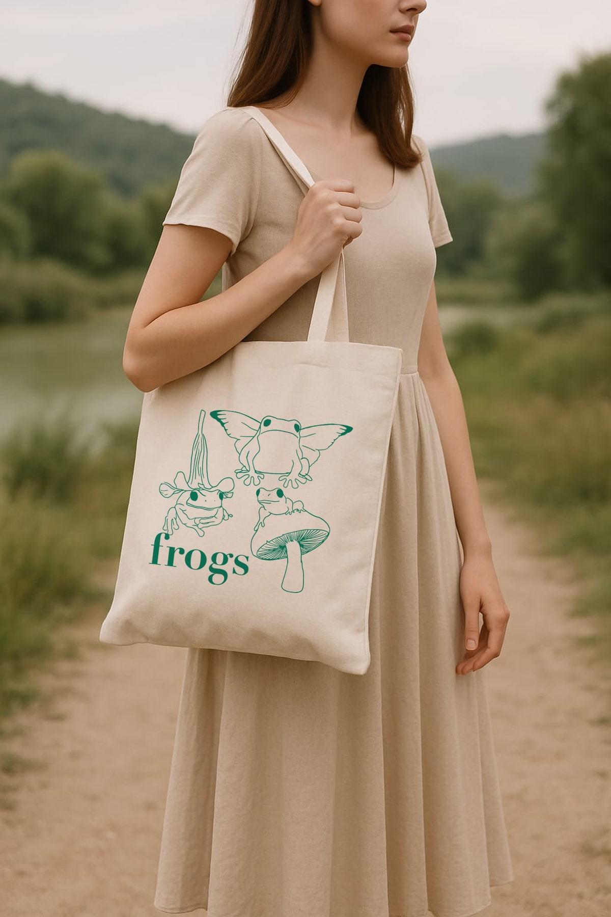 Frogs Baskılı Ham Bez Çanta