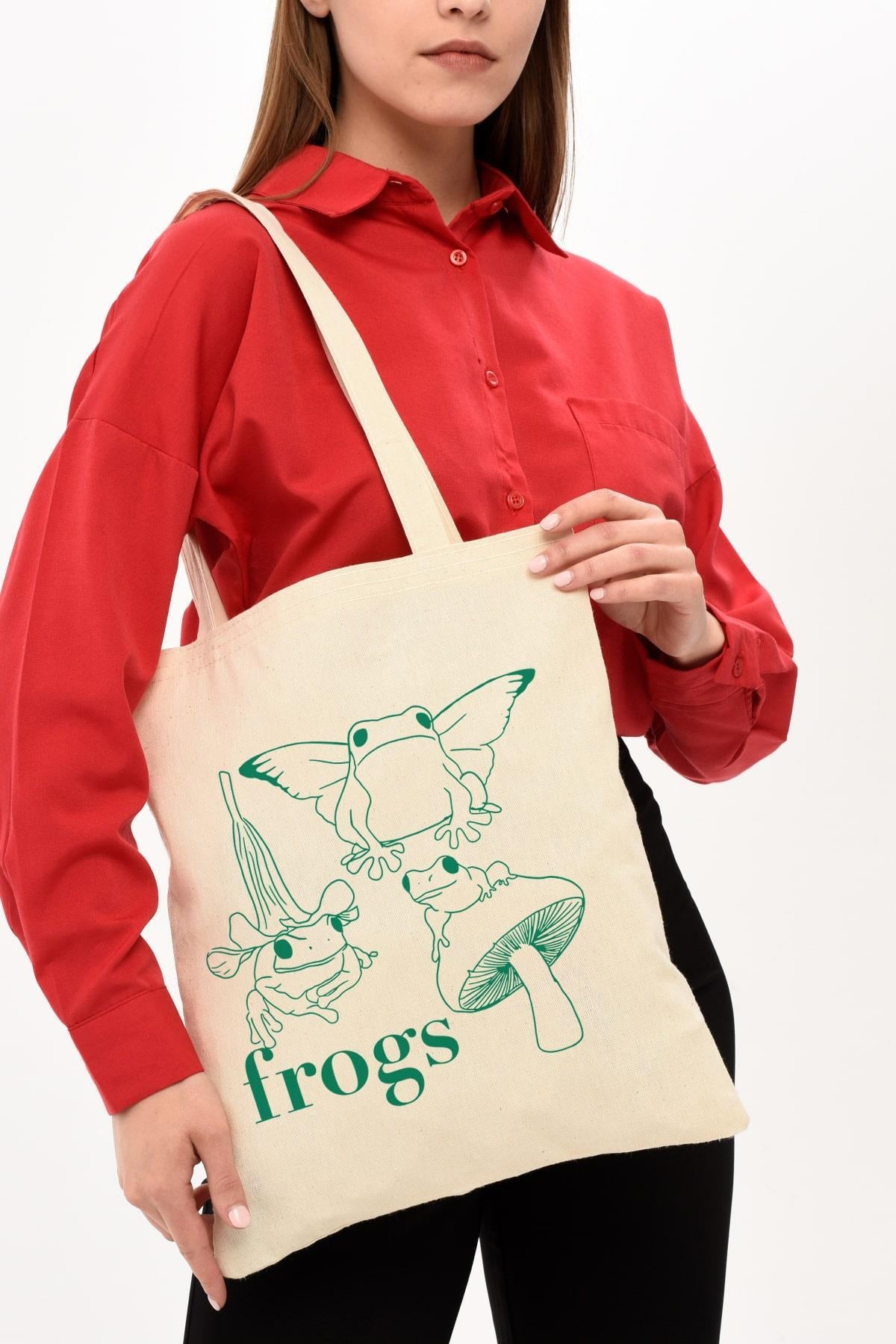 Frogs Baskılı Ham Bez Çanta