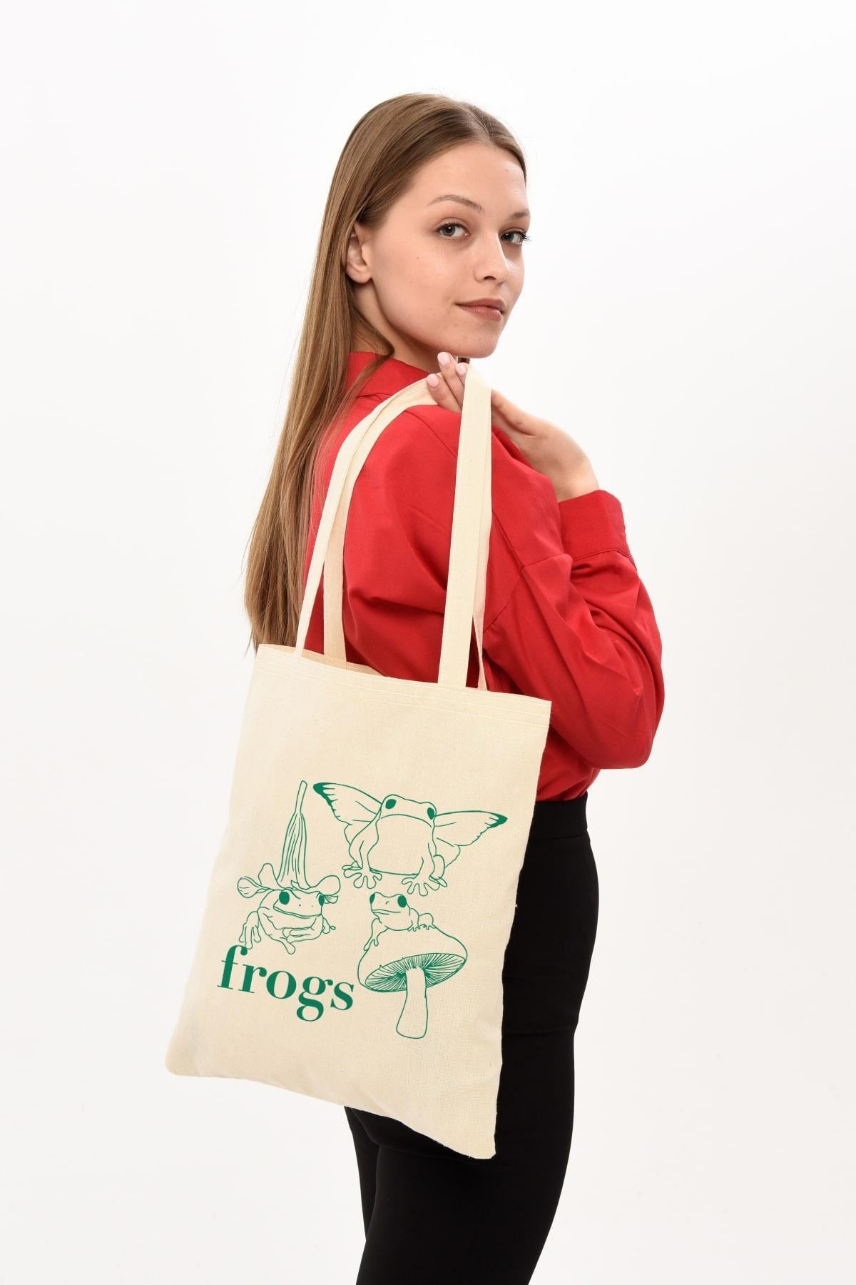 Frogs Baskılı Ham Bez Çanta