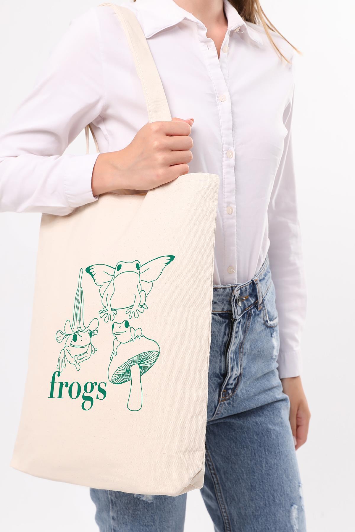Frogs Baskılı Kanvas Omuz Çantası