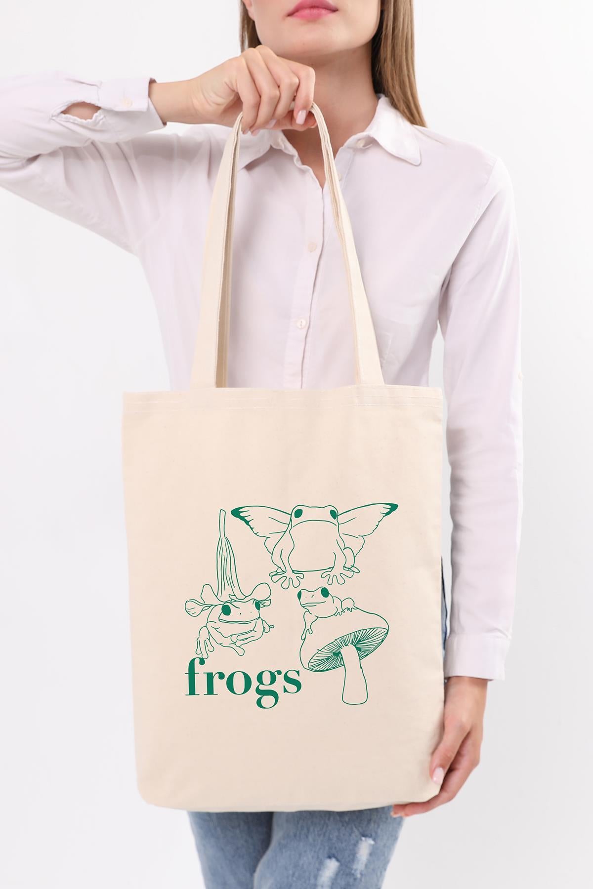 Frogs Baskılı Kanvas Omuz Çantası