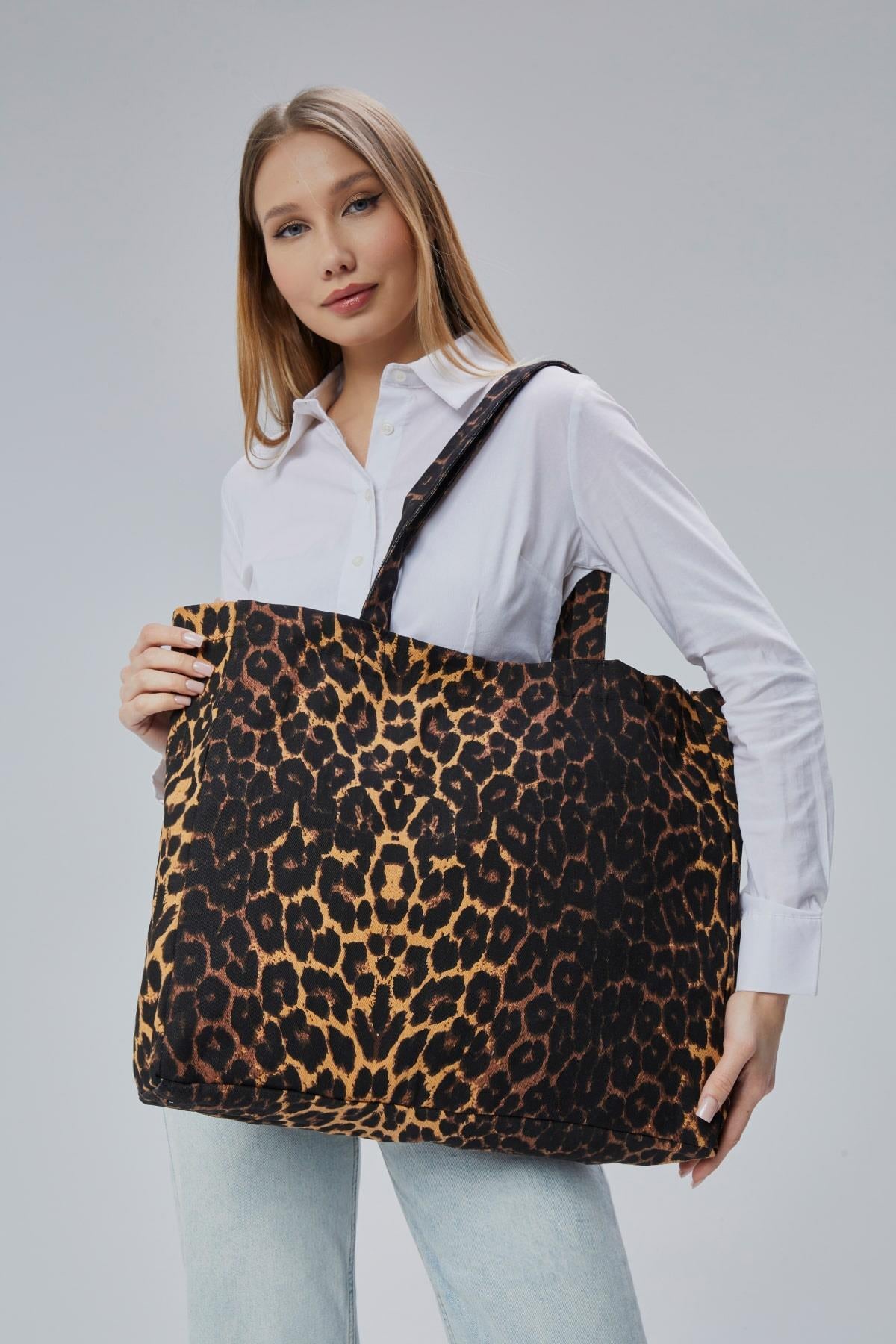 Geçişli Leopar Desen Büyük Boy Çanta