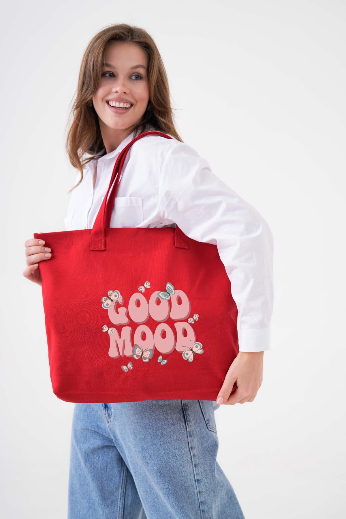 Good Mood Baskılı KIRMIZI Yatay Kanvas Çanta