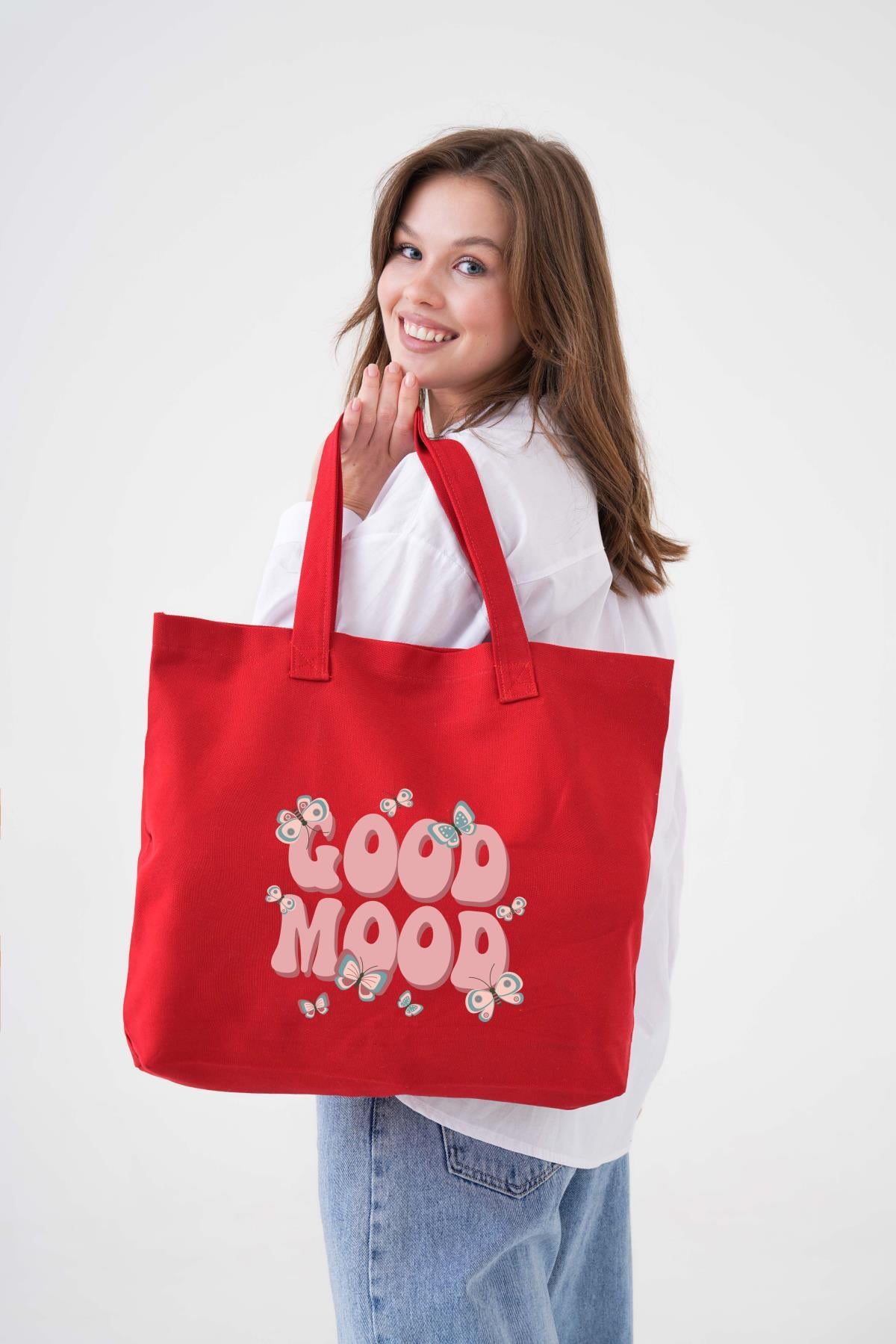 Good Mood Baskılı KIRMIZI Yatay Kanvas Çanta
