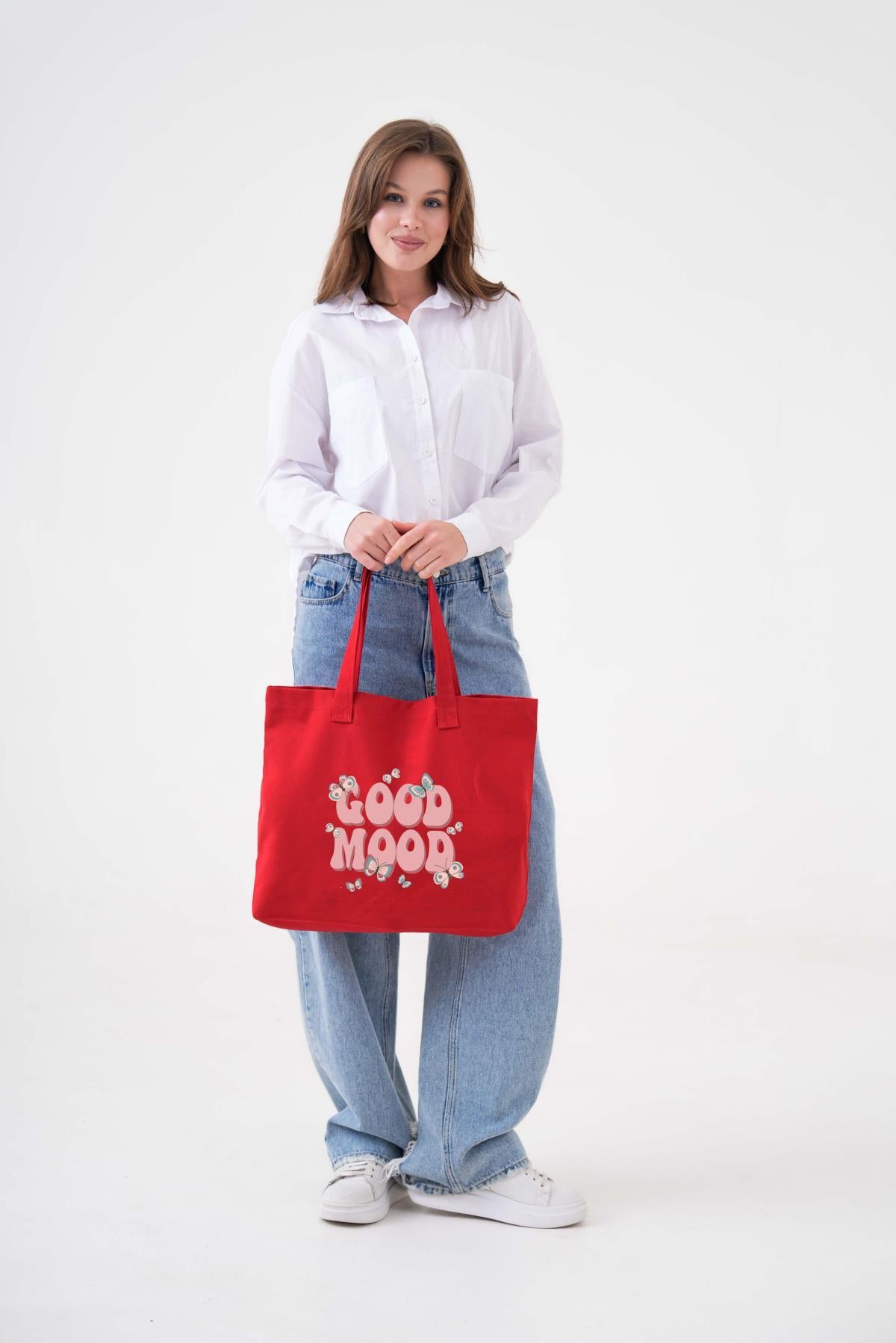 Good Mood Baskılı KIRMIZI Yatay Kanvas Çanta