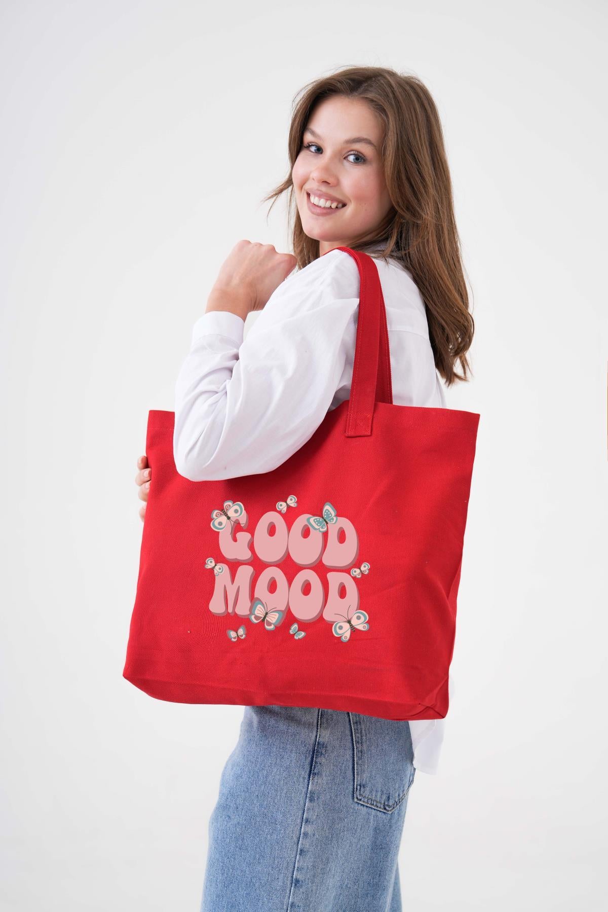 Good Mood Baskılı KIRMIZI Yatay Kanvas Çanta