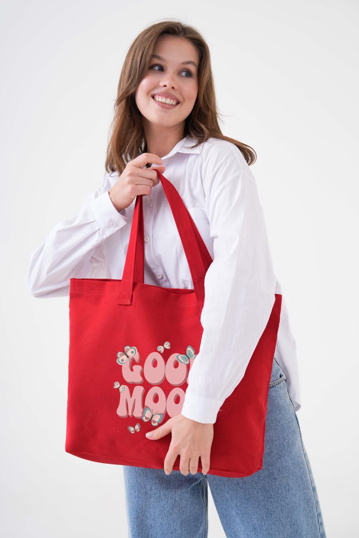 Good Mood Baskılı KIRMIZI Yatay Kanvas Çanta