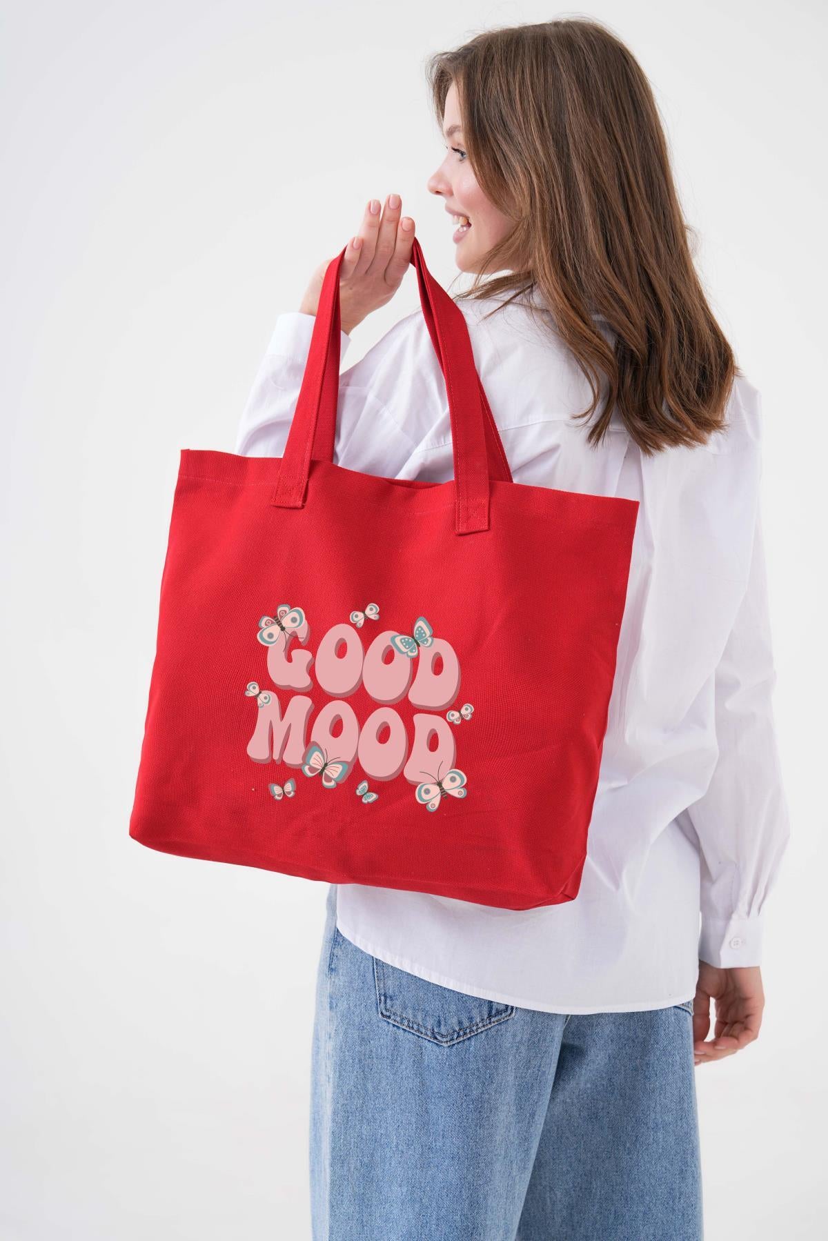 Good Mood Baskılı KIRMIZI Yatay Kanvas Çanta