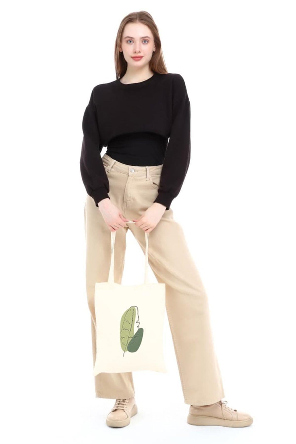 Green Leaf Baskılı Ham Bez Çanta